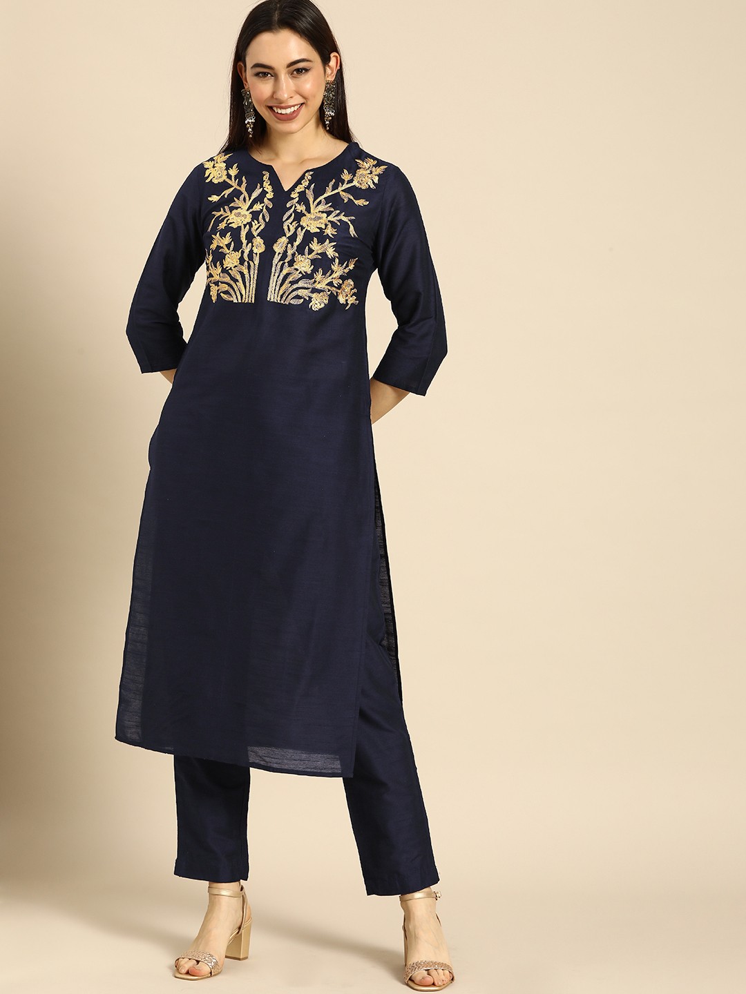 

Anouk Women Navy Blue Yoke Embroidered Regular Kurta with Trousers