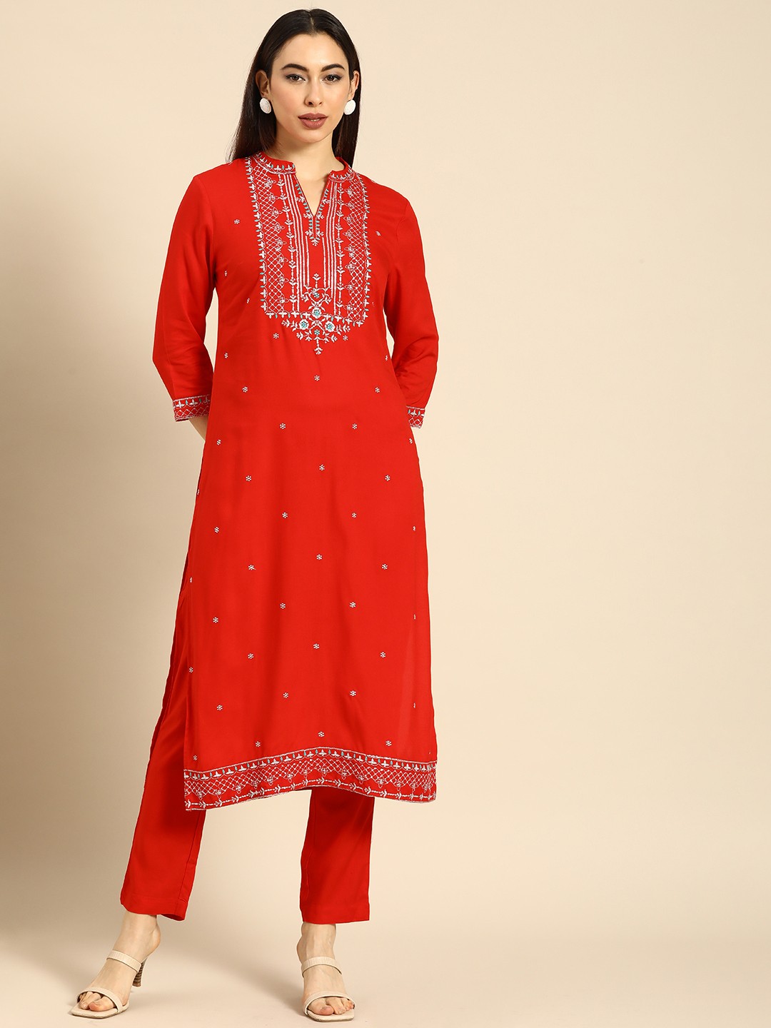 

Anouk Women Red Ethnic Motifs Embroidered Regular Sequinned Kurta with Trousers
