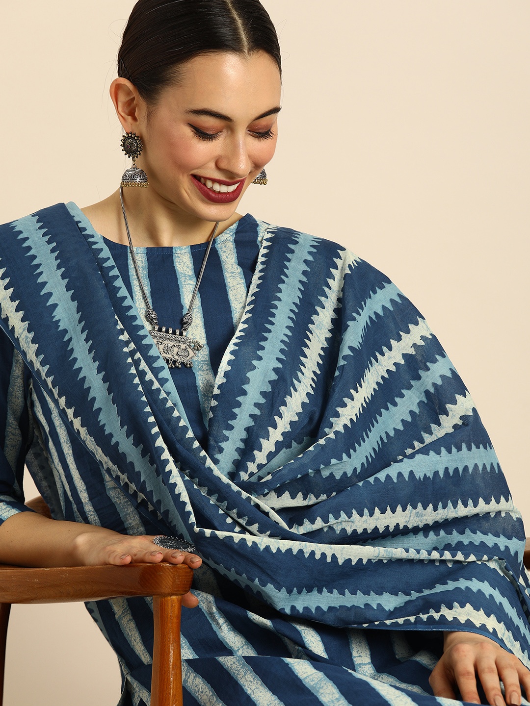 

Anouk Women Blue & White Striped Pure Cotton Kurta with Trousers & With Dupatta