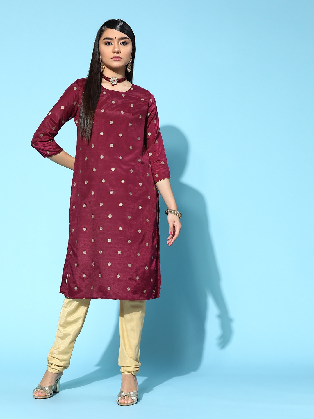 

Anouk Women Burgundy & Golden Woven Design Regular Kurta with Churidar