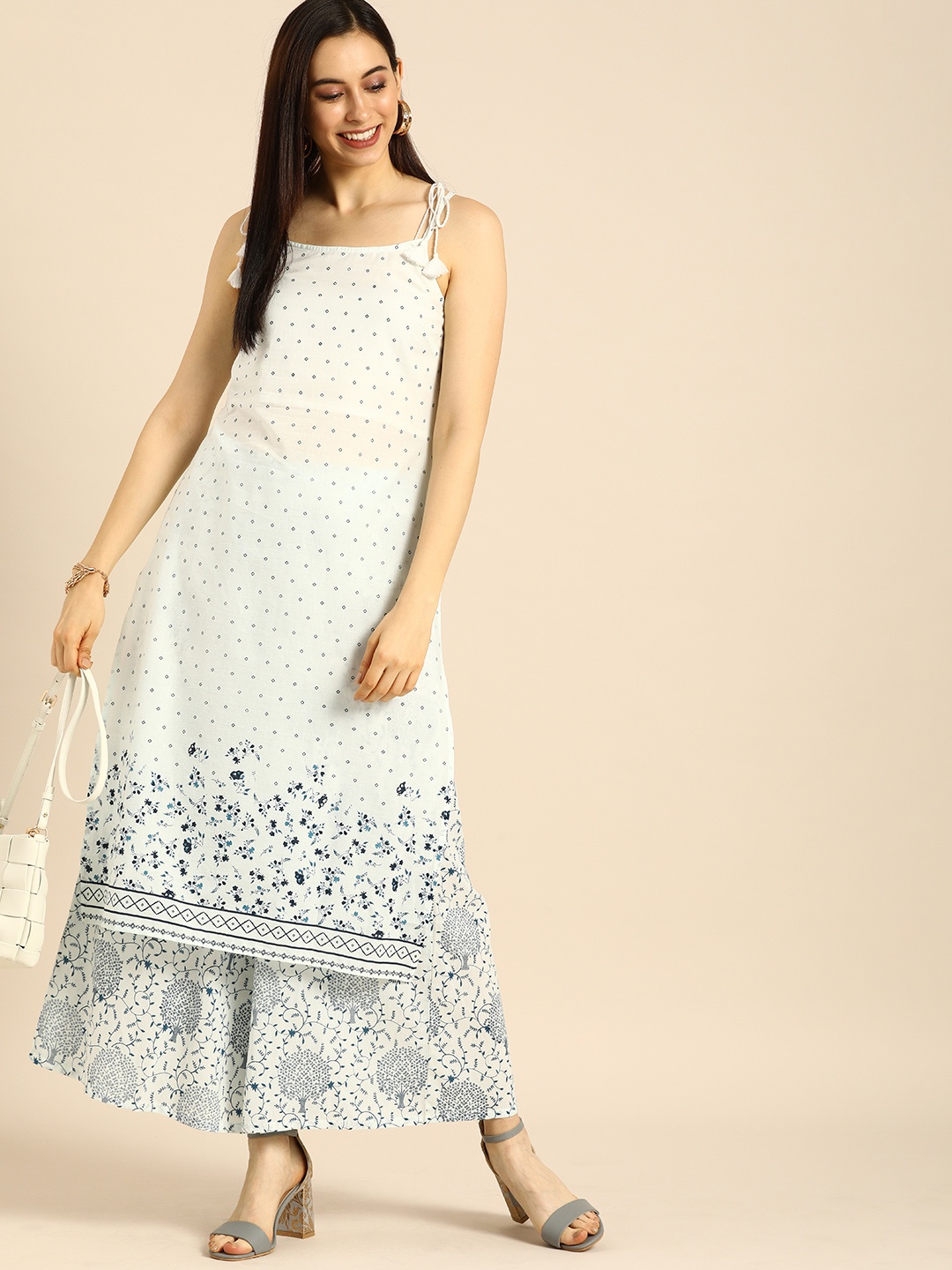 

Anouk Women White Geometric Printed Pure Cotton Kurta with Palazzos