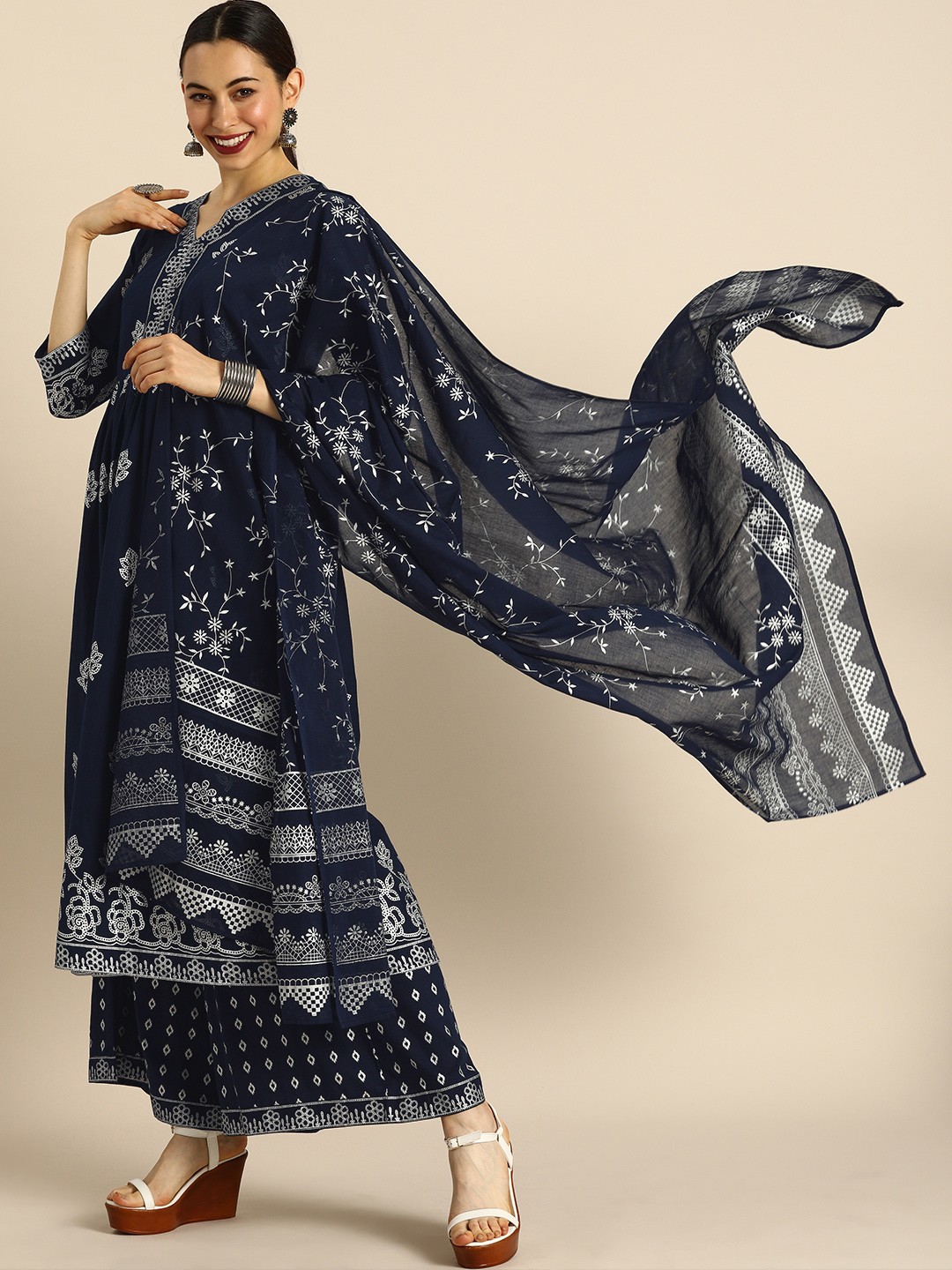 

Anouk Women Navy Blue Ethnic Motifs Printed Pleated Pure Cotton Kurta with Palazzos & With Dupatta