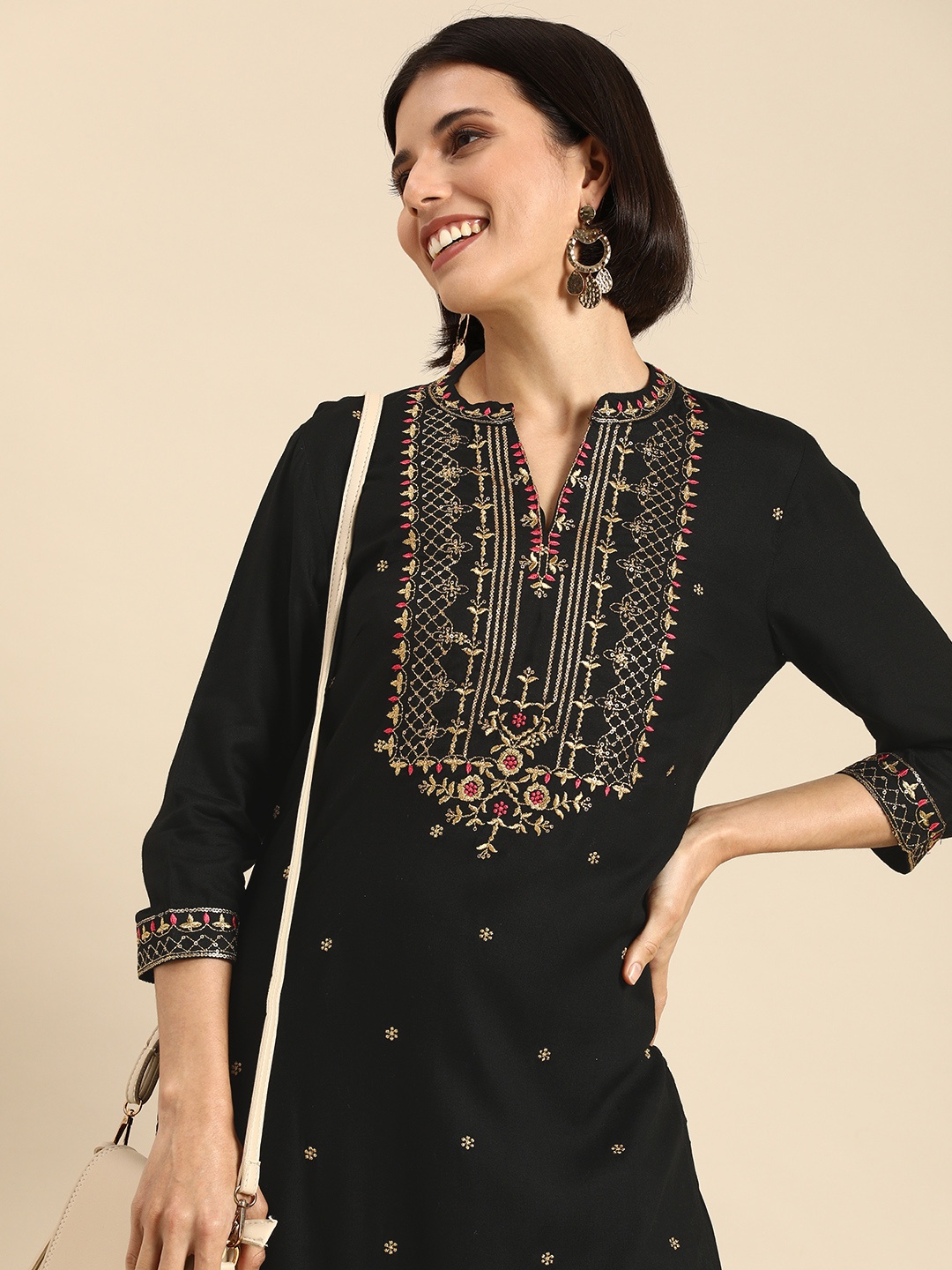 

Anouk Women Black Ethnic Motifs Embroidered with Sequins Kurta with Trousers