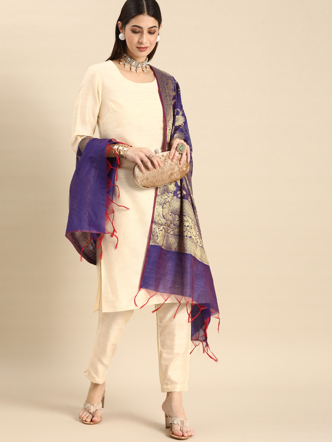 

Anouk Women Beige Regular Pure Cotton Kurta with Trousers & With Dupatta