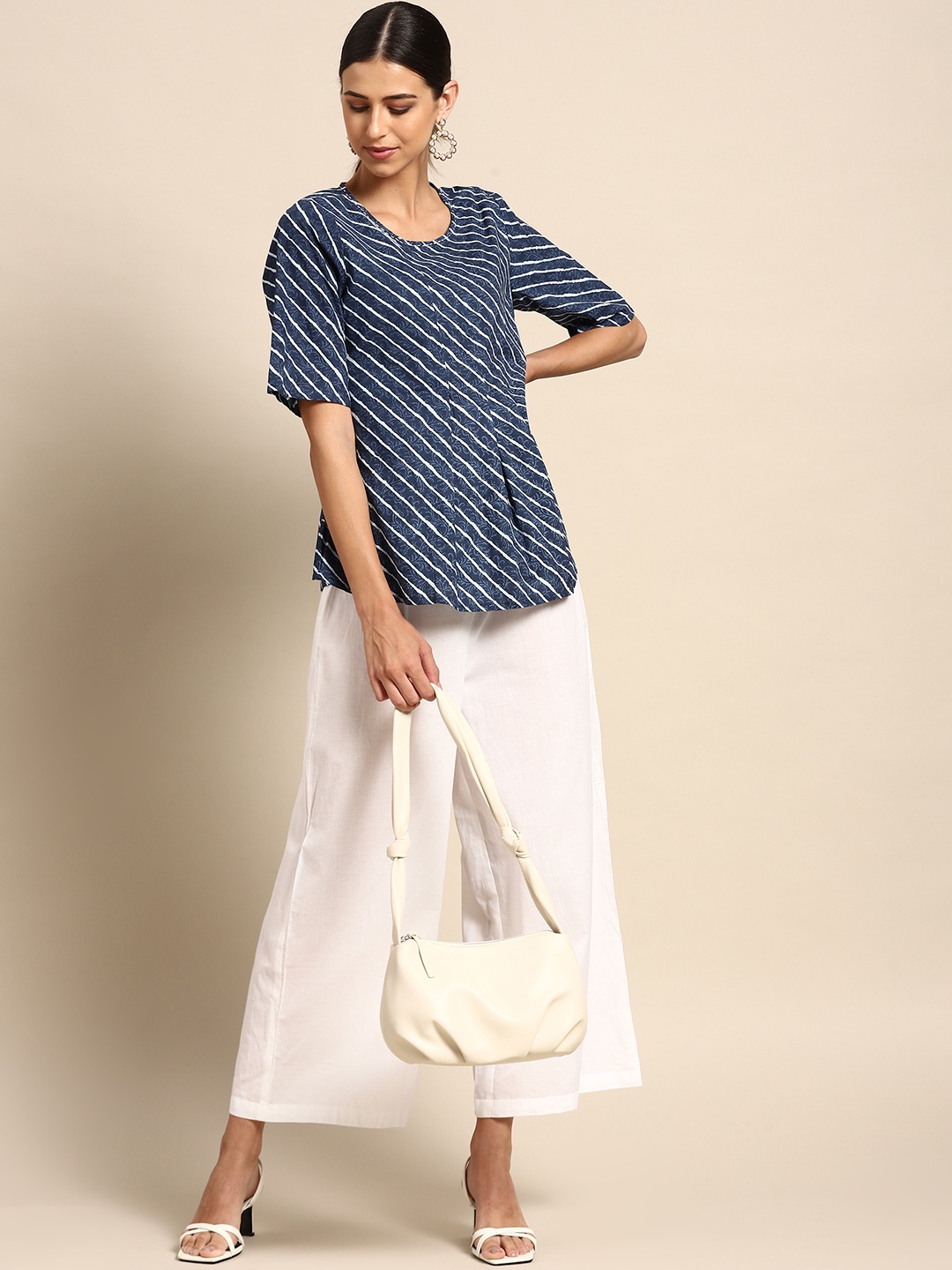 

Anouk Women Navy Blue & White Striped Regular Pure Cotton Kurti with Palazzos