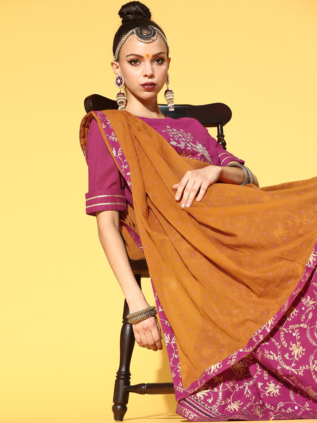 

Anouk Magenta & Golden Embroidered Ready to Wear Lehenga & Blouse with Dupatta