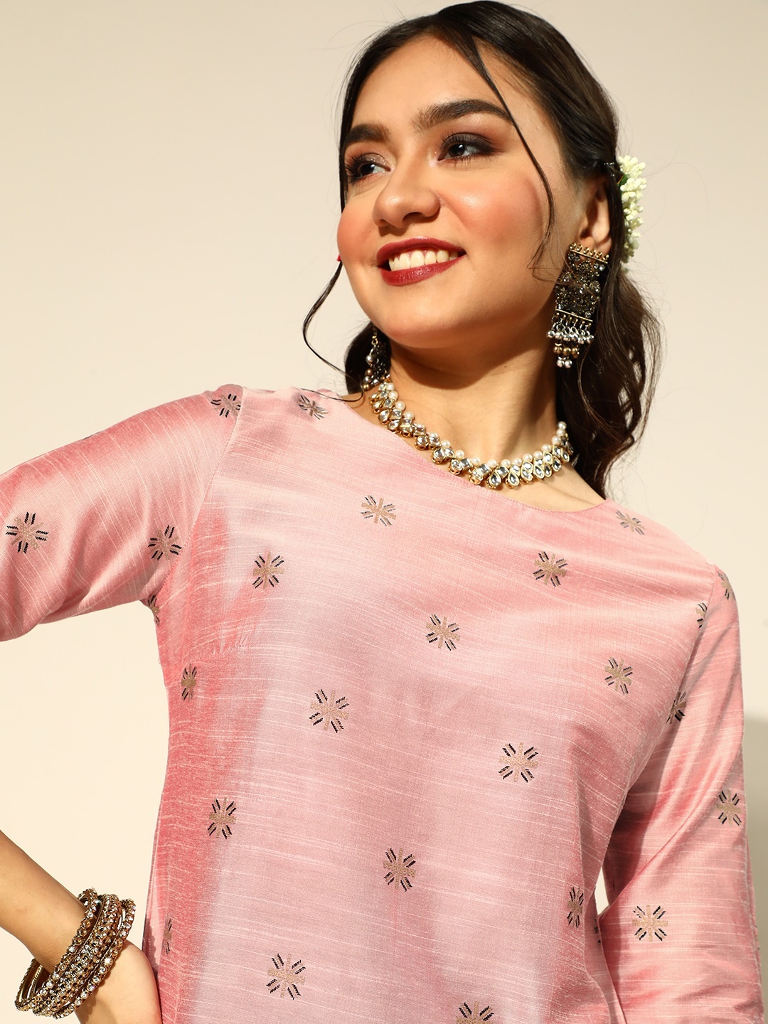 

Anouk Women Pink Ethnic Motifs Embroidered Regular Kurta with Trousers