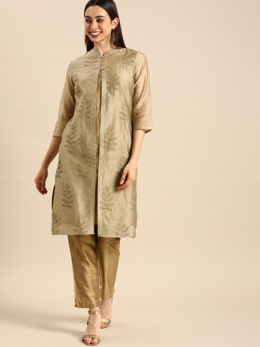 

Anouk Women Beige Floral Printed Layered Kurta with Trousers