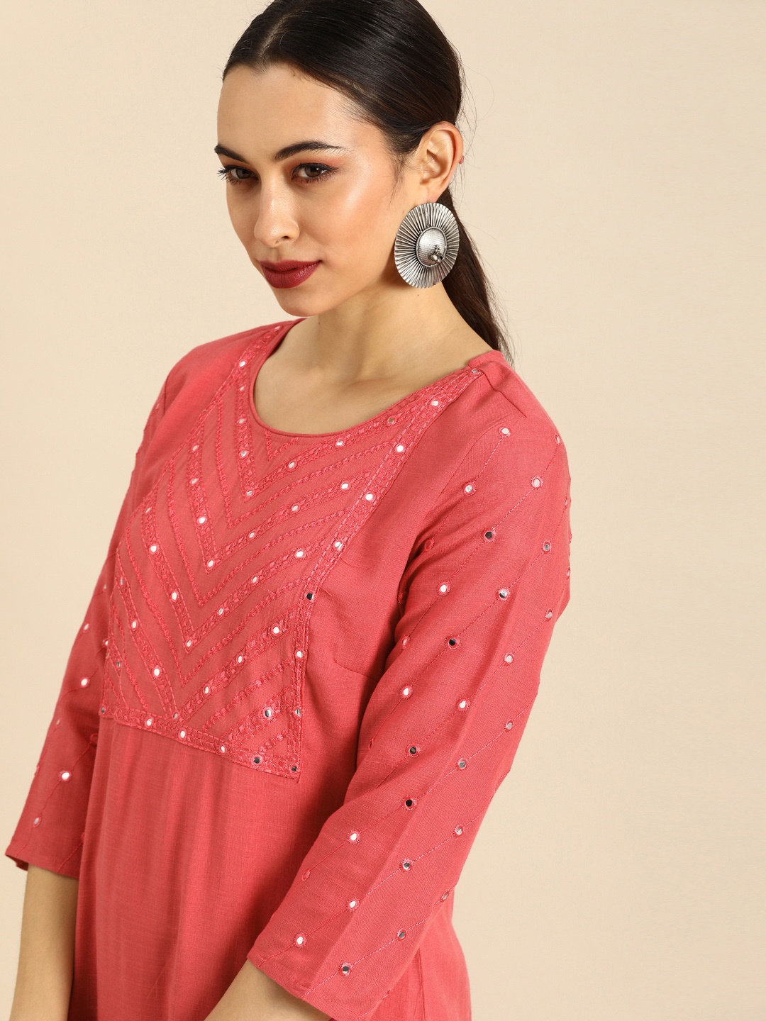 

Anouk Women Pink Embroidered Regular Mirror Work Kurta with Trousers