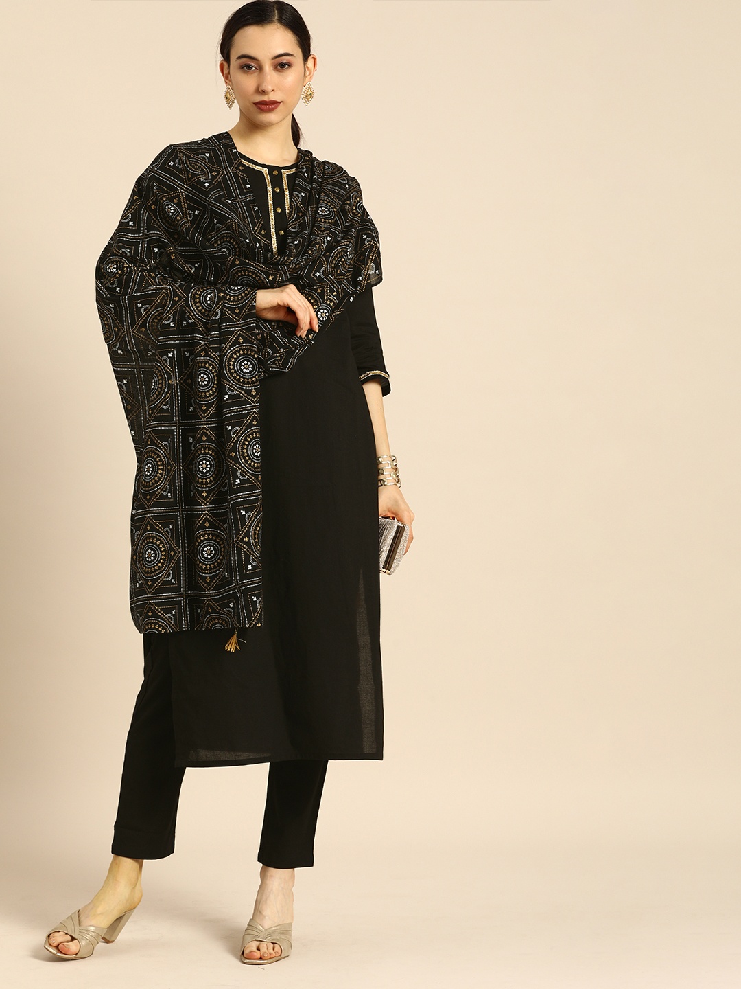

Anouk Women Black Gotta Patti Pure Cotton Kurta with Trousers & With Dupatta