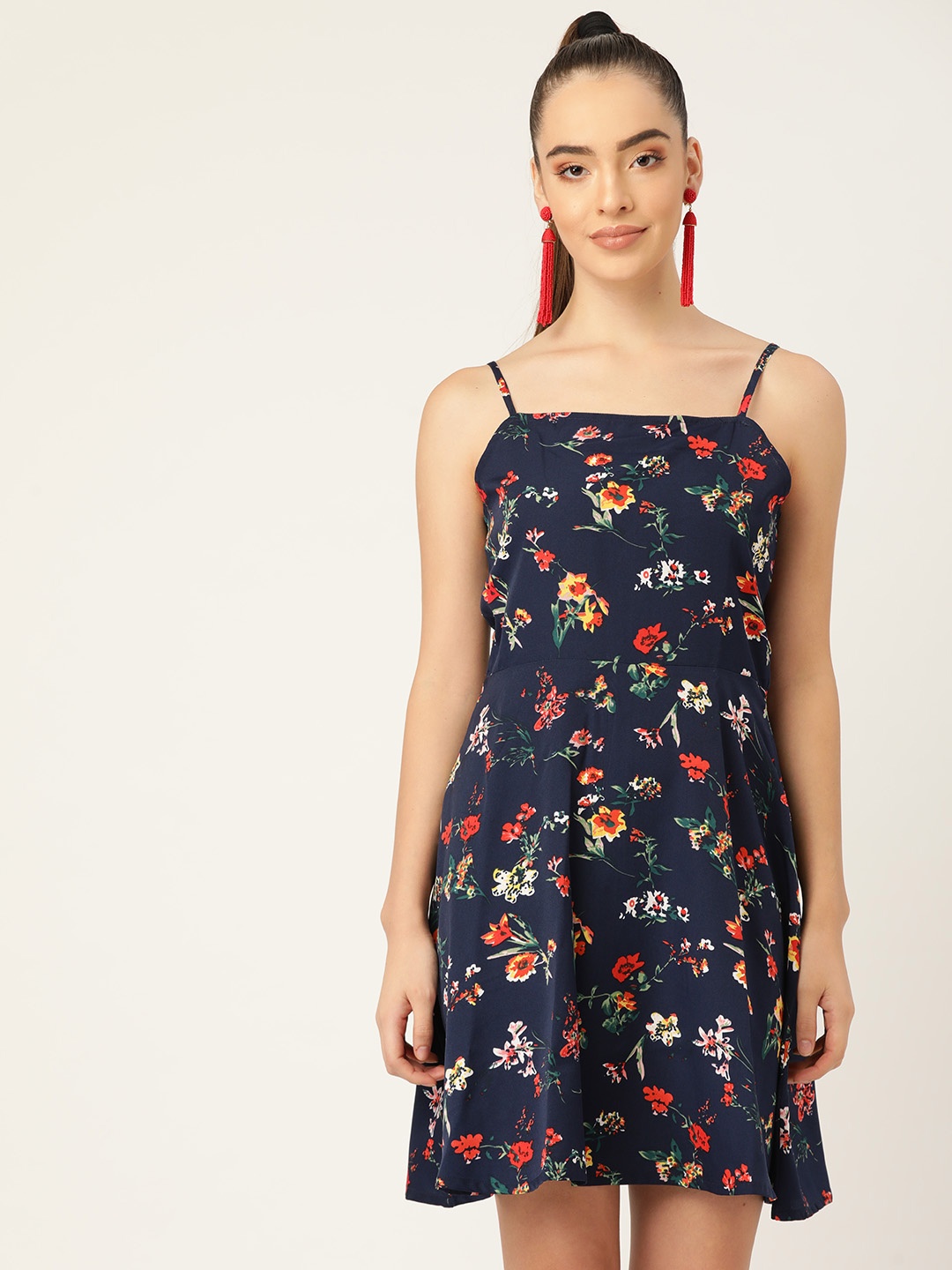 

WISSTLER Navy Blue & Red Floral Print A-Line Dress