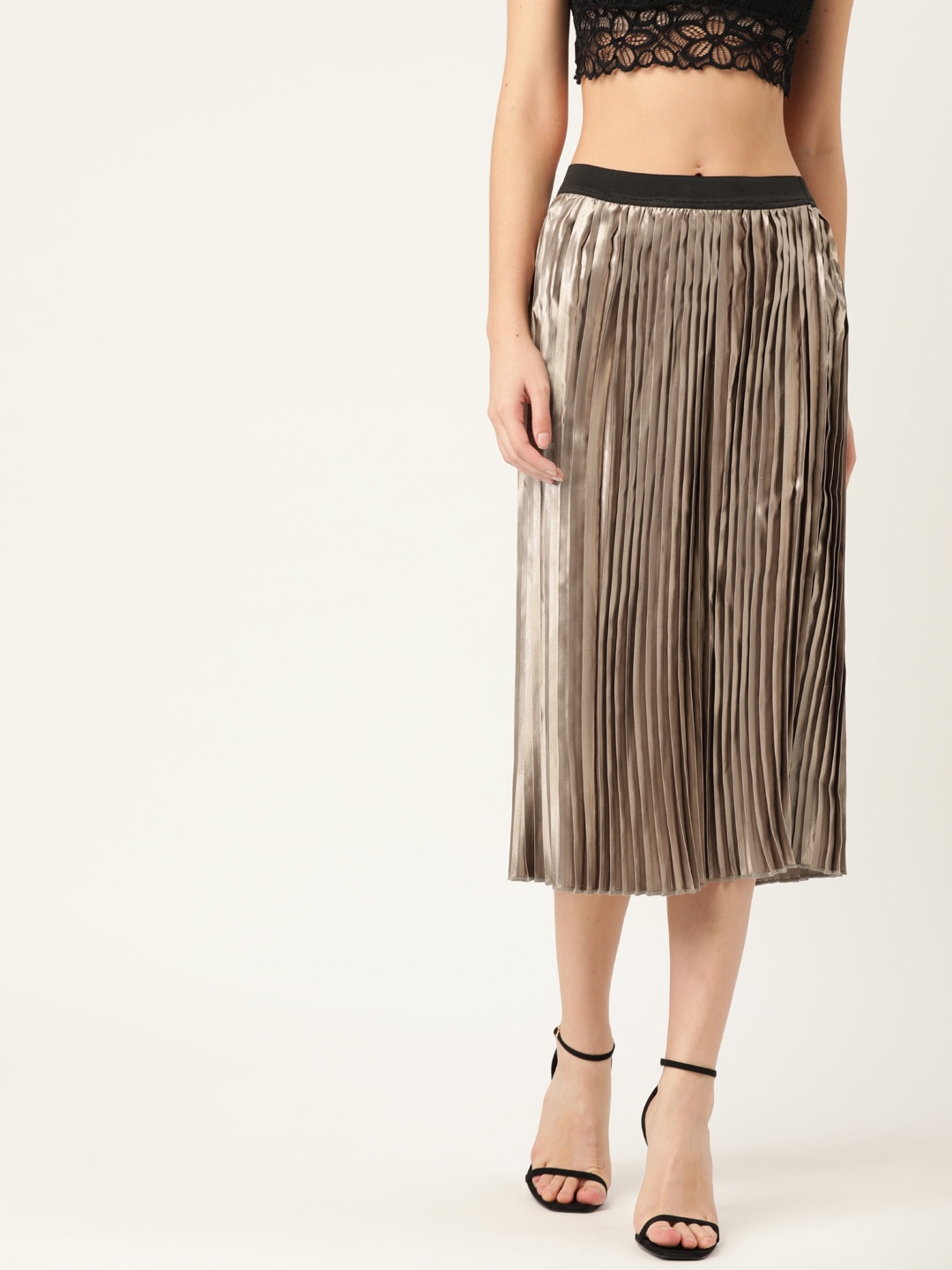 

WISSTLER Women Golden Solid Accordion Pleated Flared Skirt, Gold