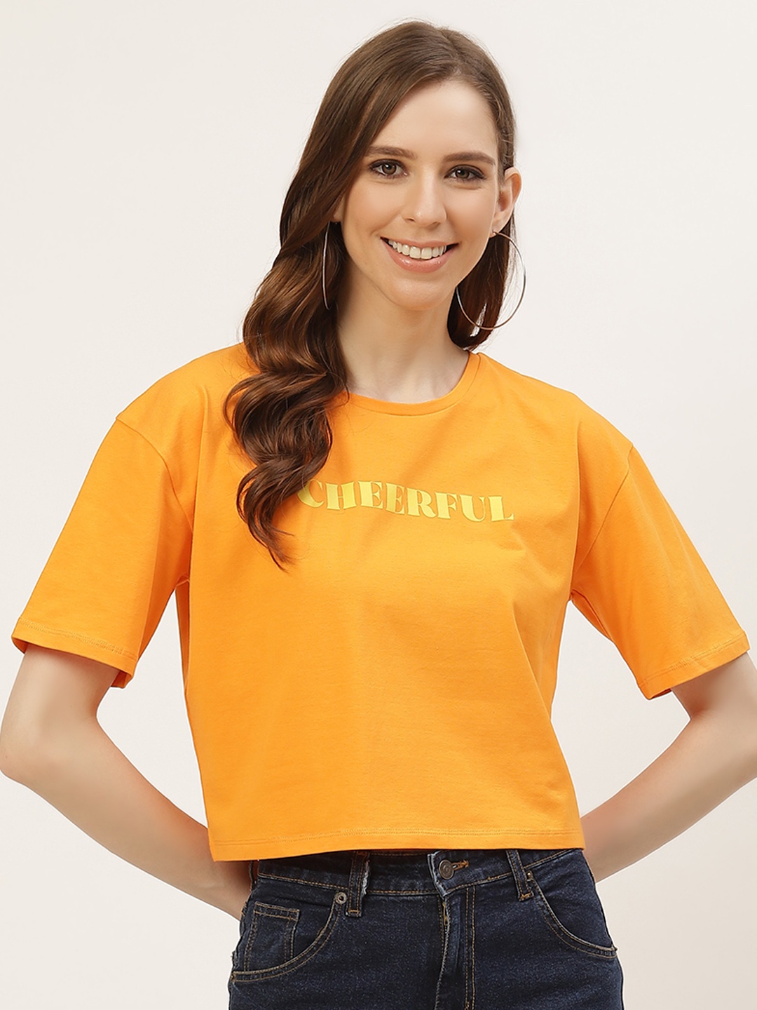 

COVER STORY Women Yellow Cotton Drop-Shoulder Sleeves T-shirt