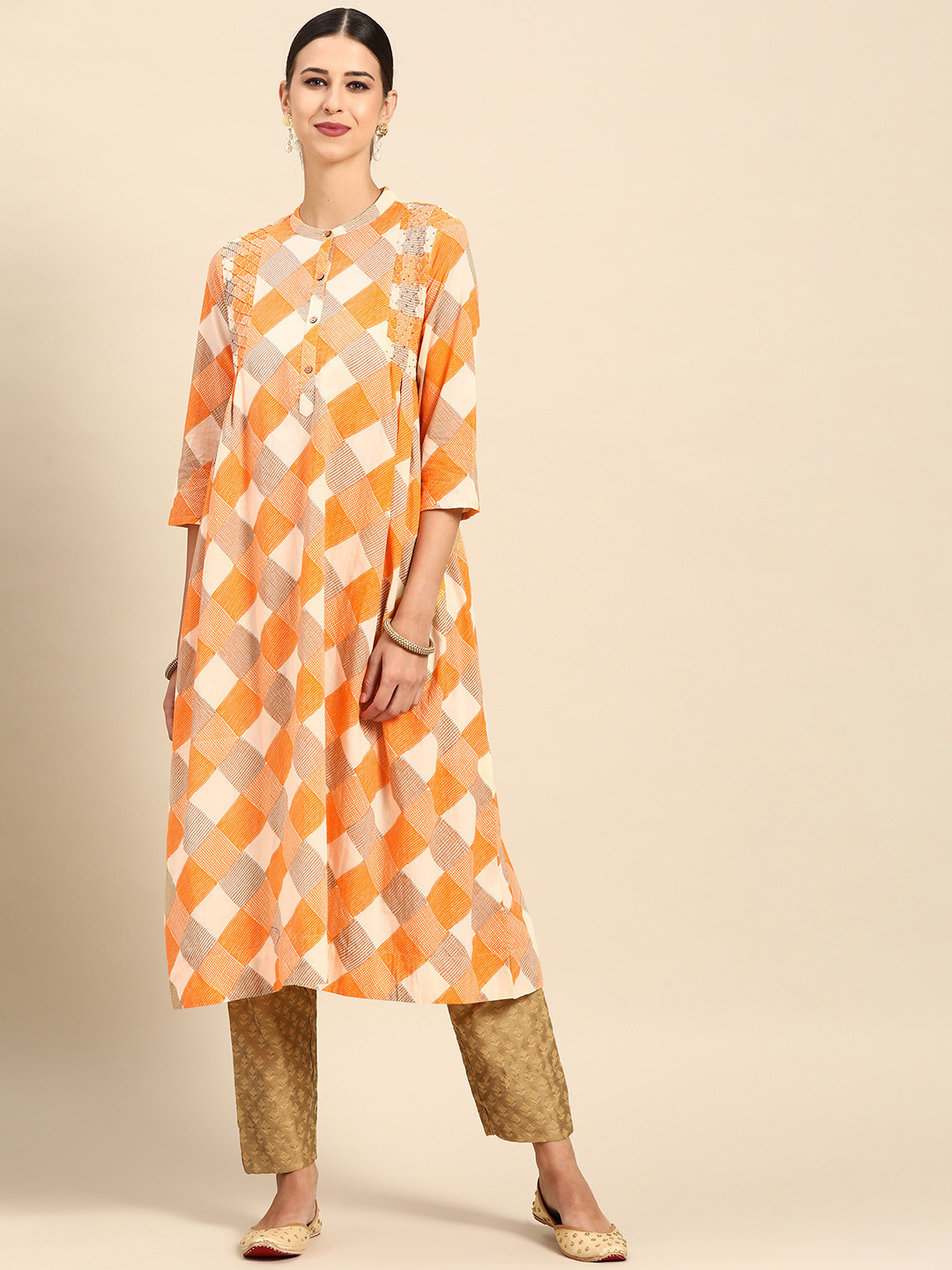 

Anouk Women Off White & Orange Checked Cotton A-line Kurta