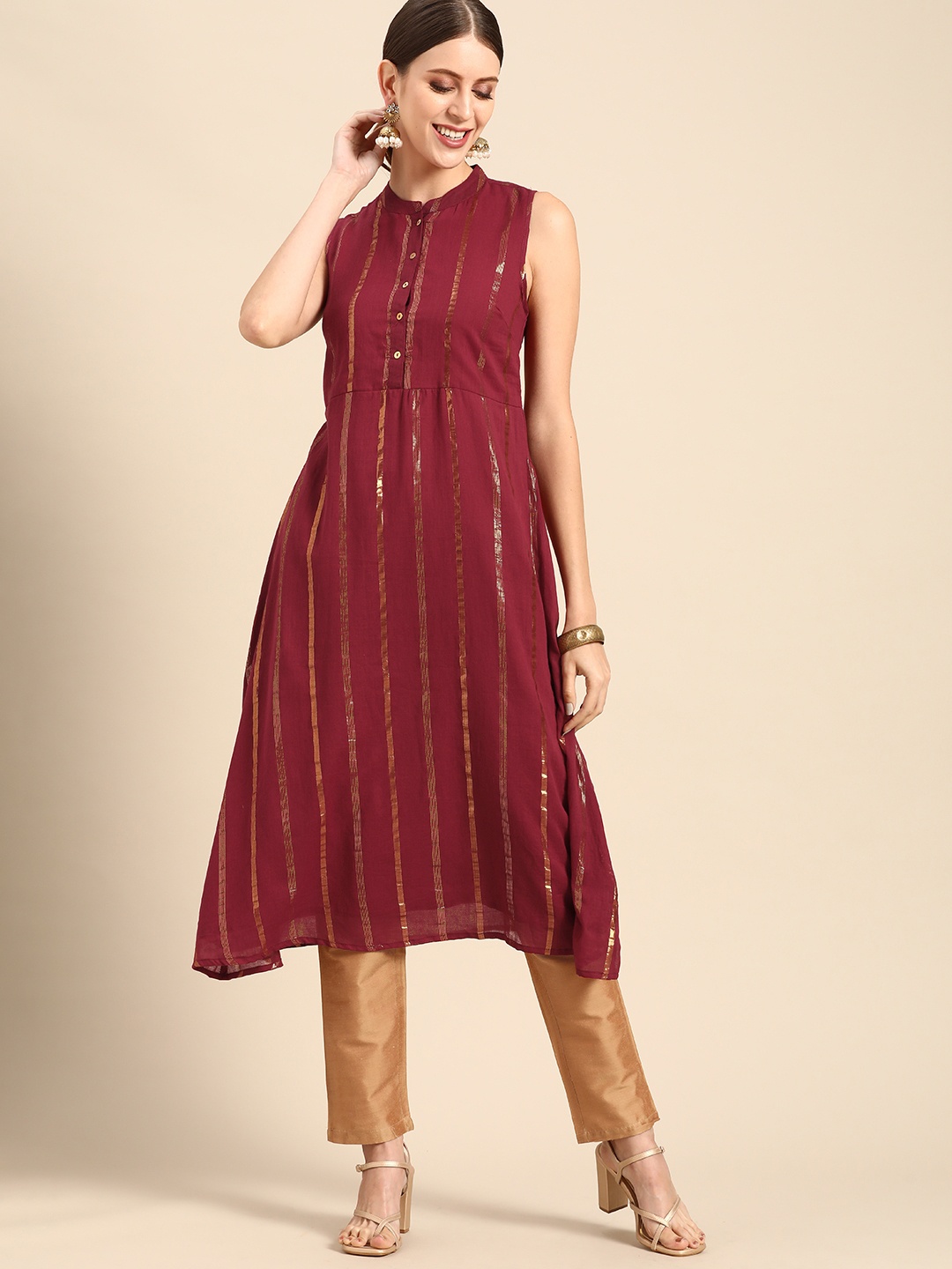 

Anouk Women Maroon & Golden Pure Cotton Striped A-Line Kurta
