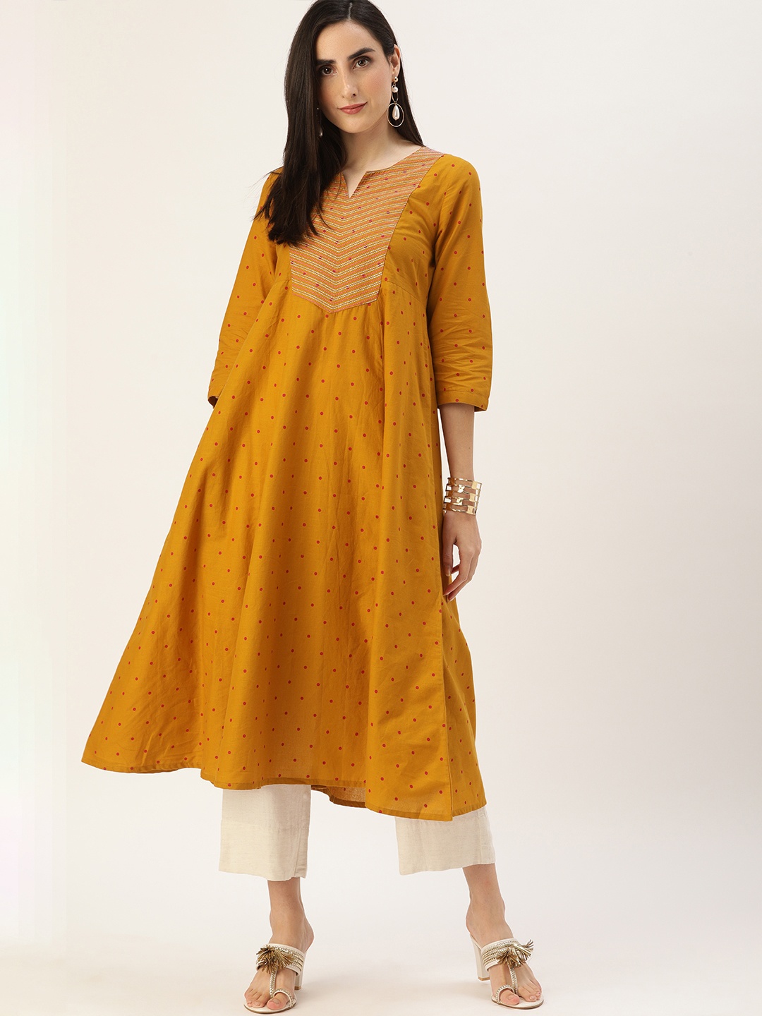 

Anouk Women Mustard Yellow & Red Polka Dot Printed Thread Work Kurta
