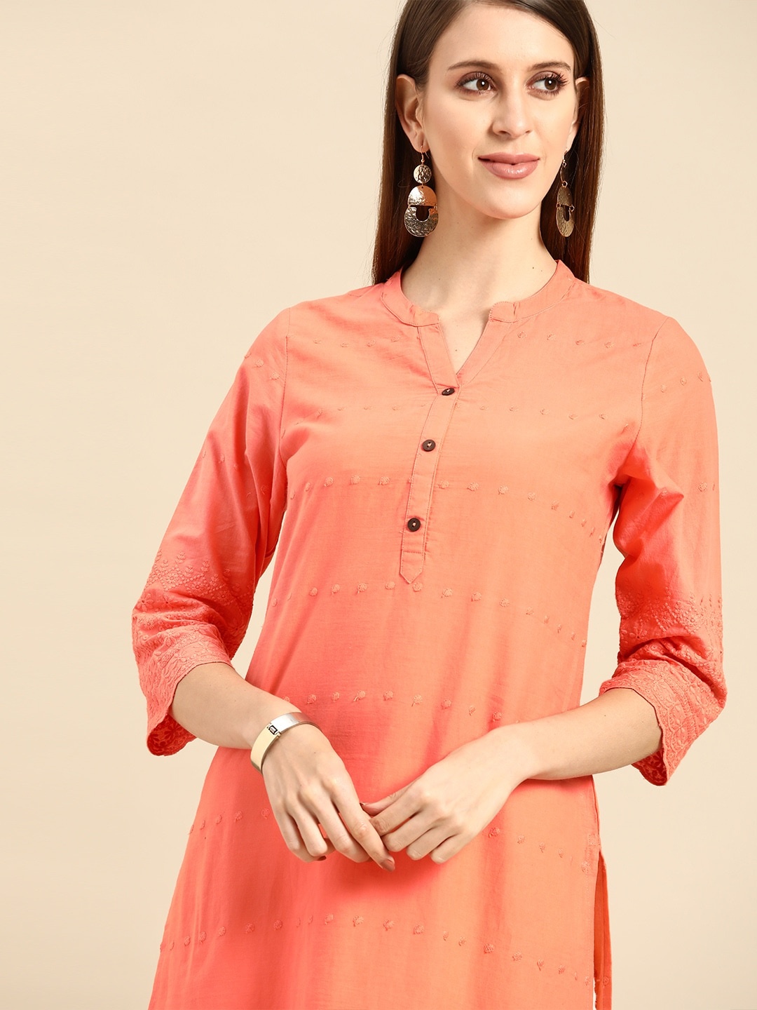 

Anouk Women Peach-Coloured Embroidered Cotton Kurta