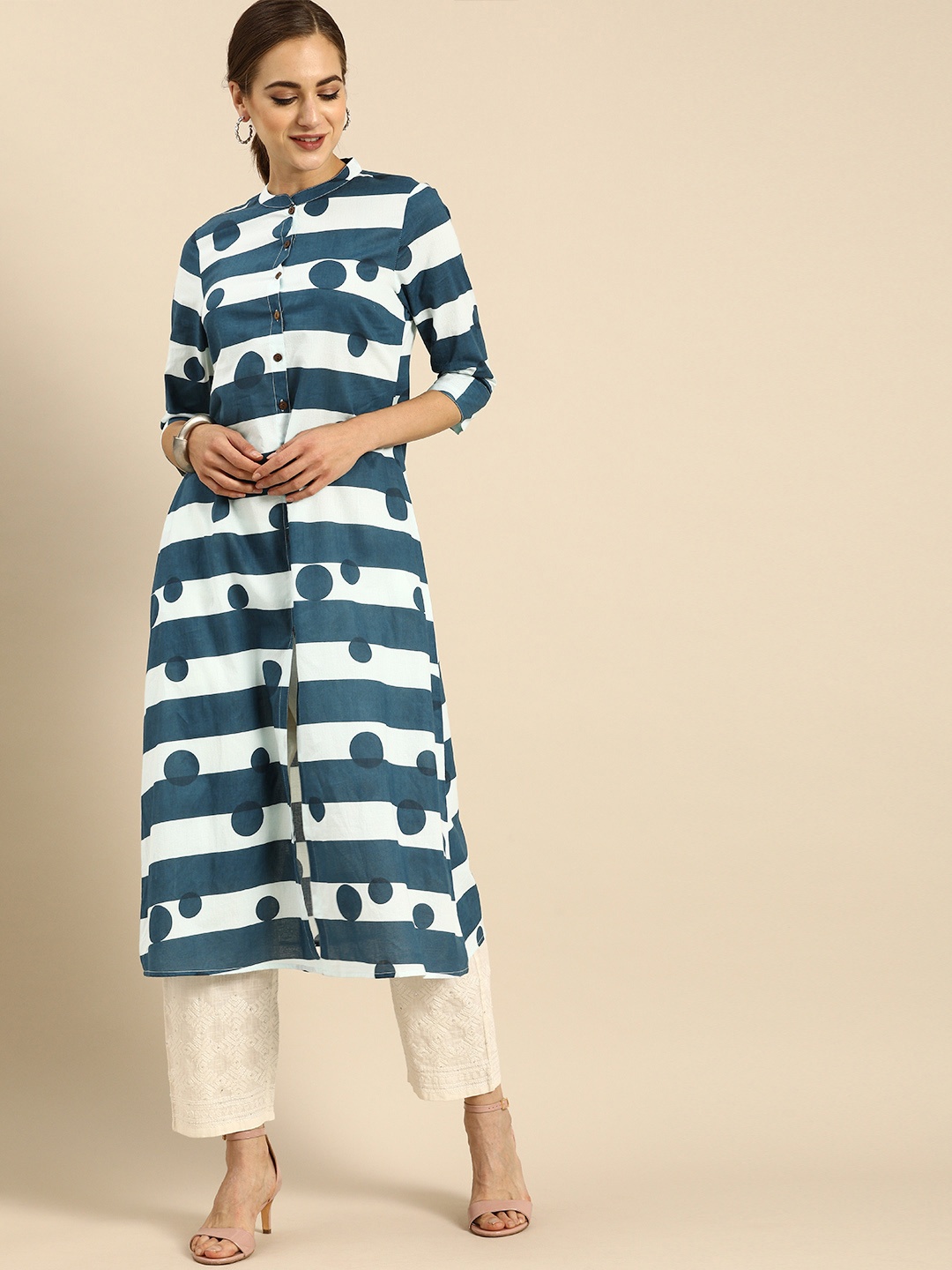 

Anouk Women Teal Blue & White Striped Kurta
