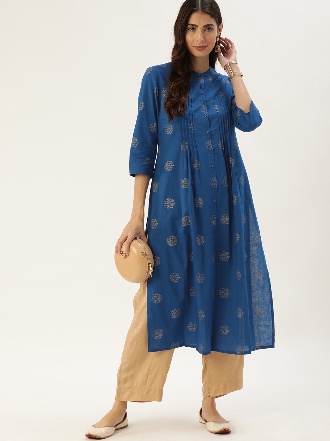 

Anouk Women Blue & Golden Ethnic Motifs Printed Pure Cotton Paneled Kurta