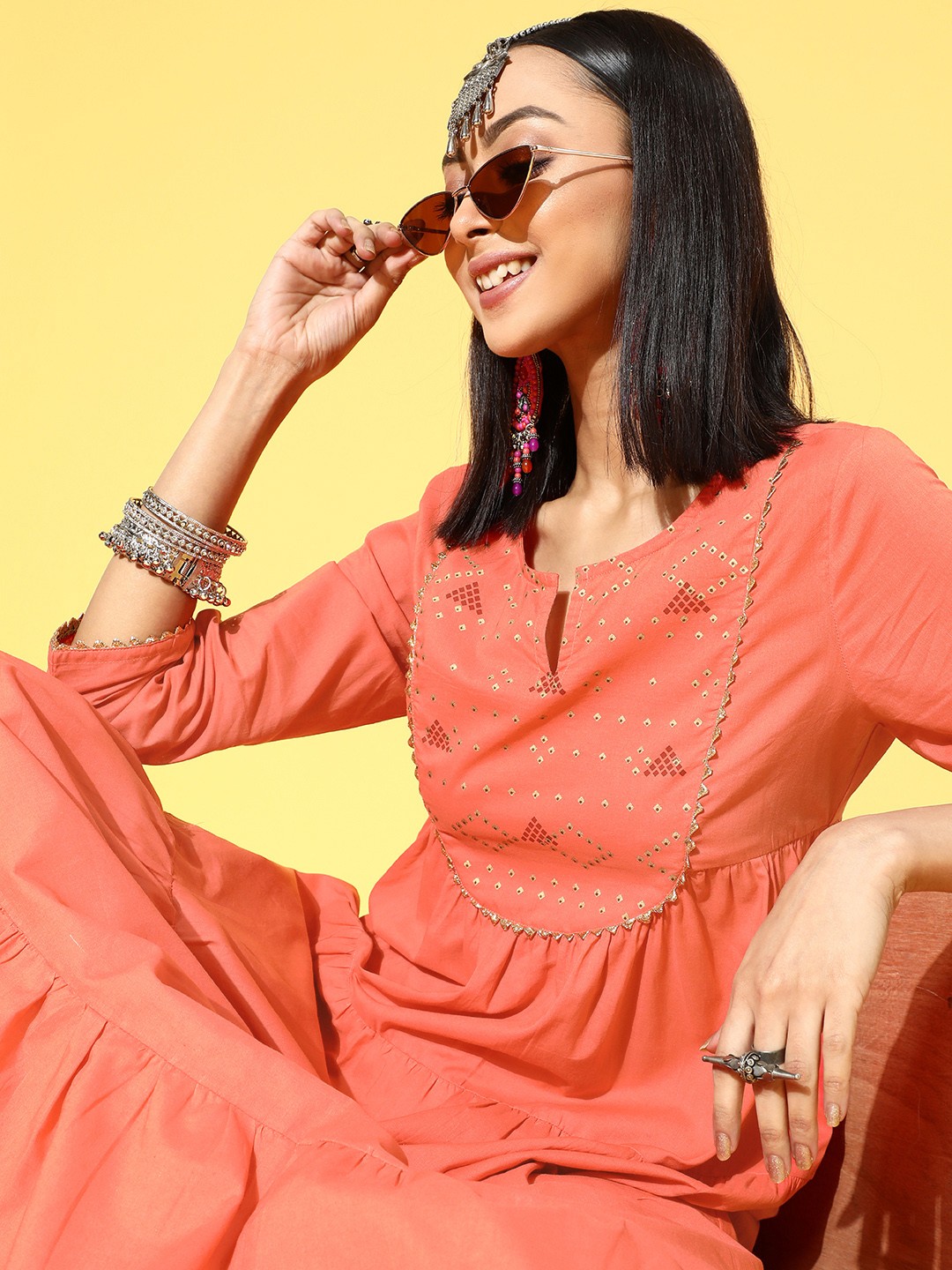 

Anouk Women Peach-Coloured Tiered Embroidered Kurta