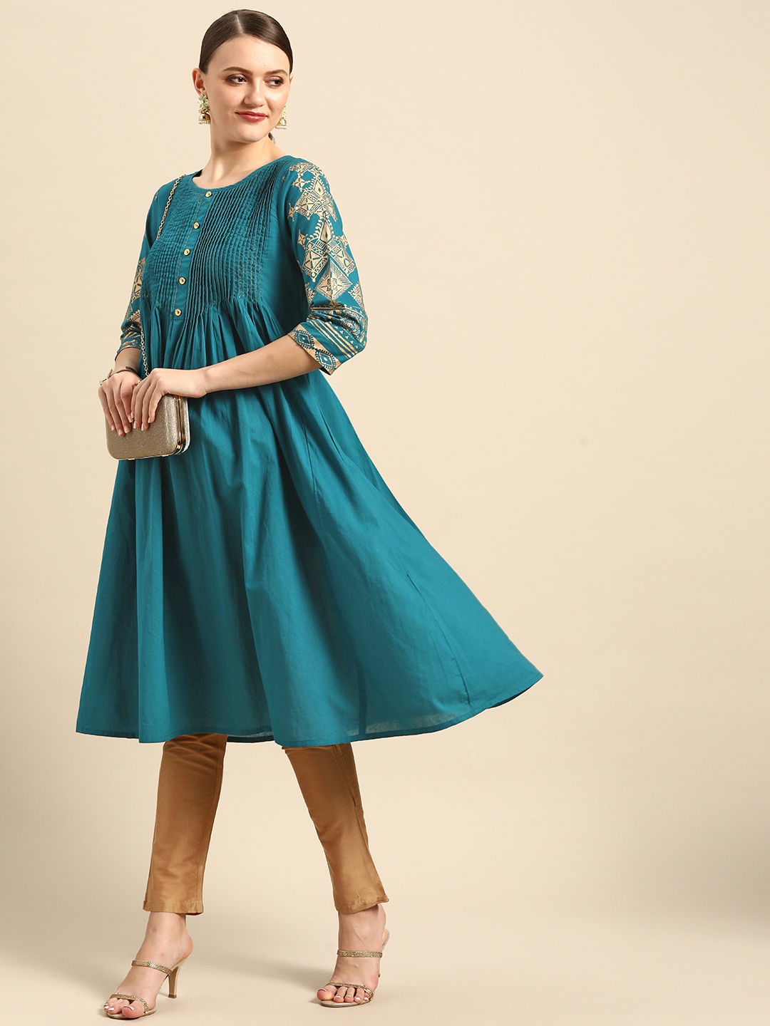 

Anouk Women Teal Blue Foil Printed Pleated Kurta