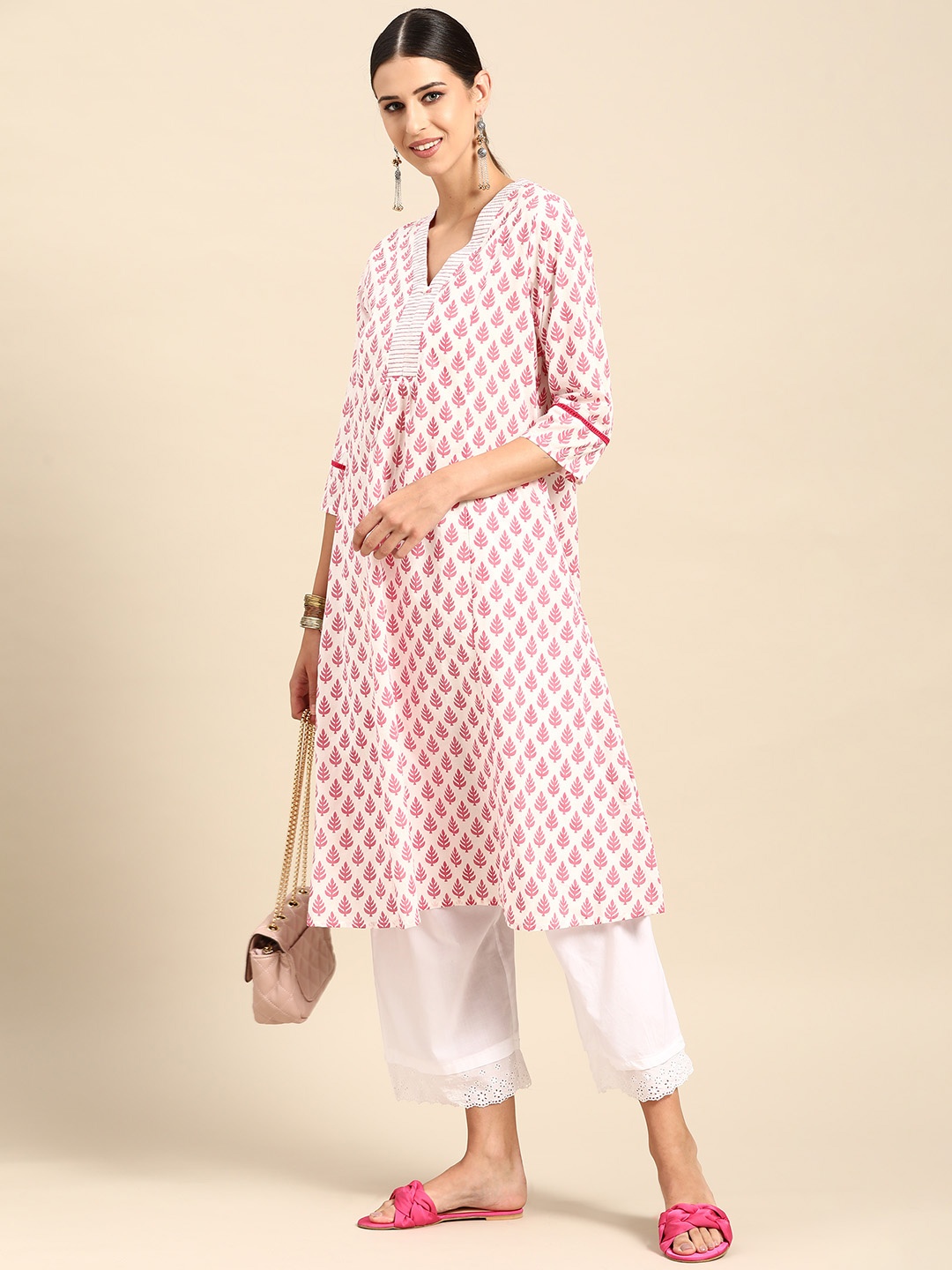 

Anouk Women White & Pink Ethnic Motifs Printed Cotton A-line Kurta