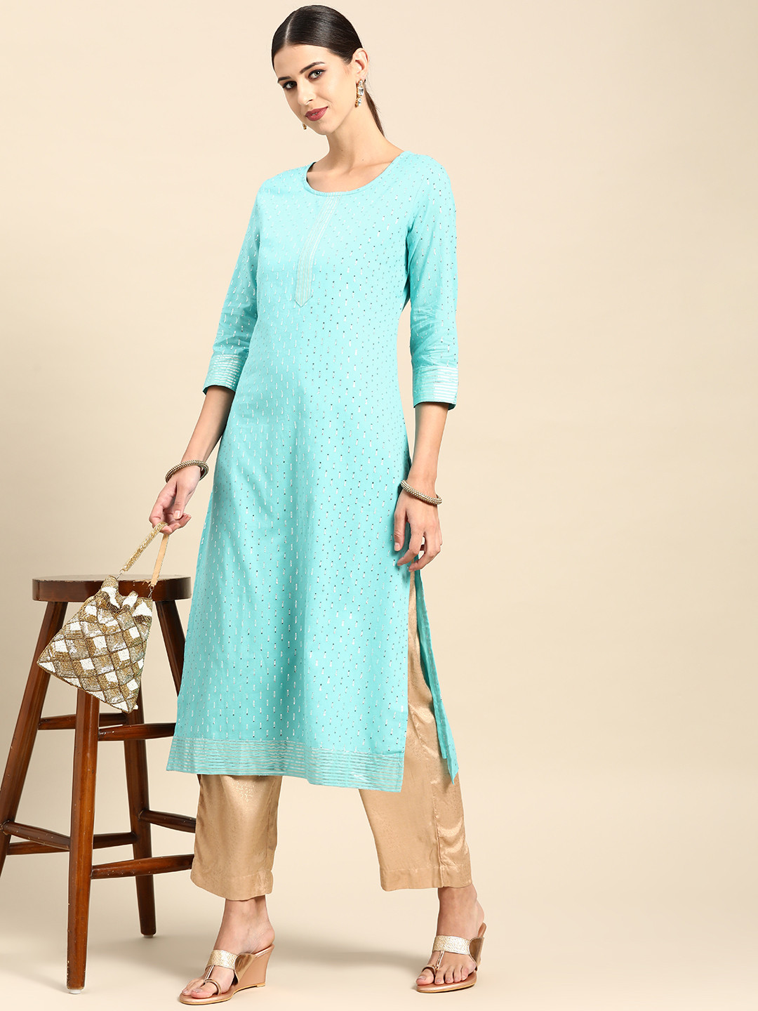 

Anouk Women Blue & Silver Gotta Patti Detail Dobby Weave Cotton Straight Kurta