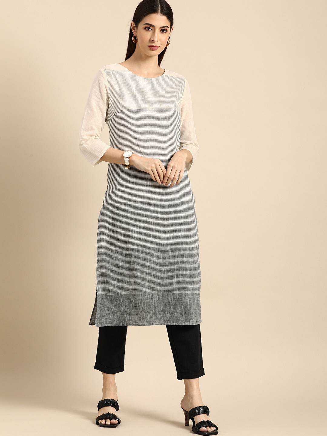 

Anouk Women Cream-Coloured & Black Striped Kurta