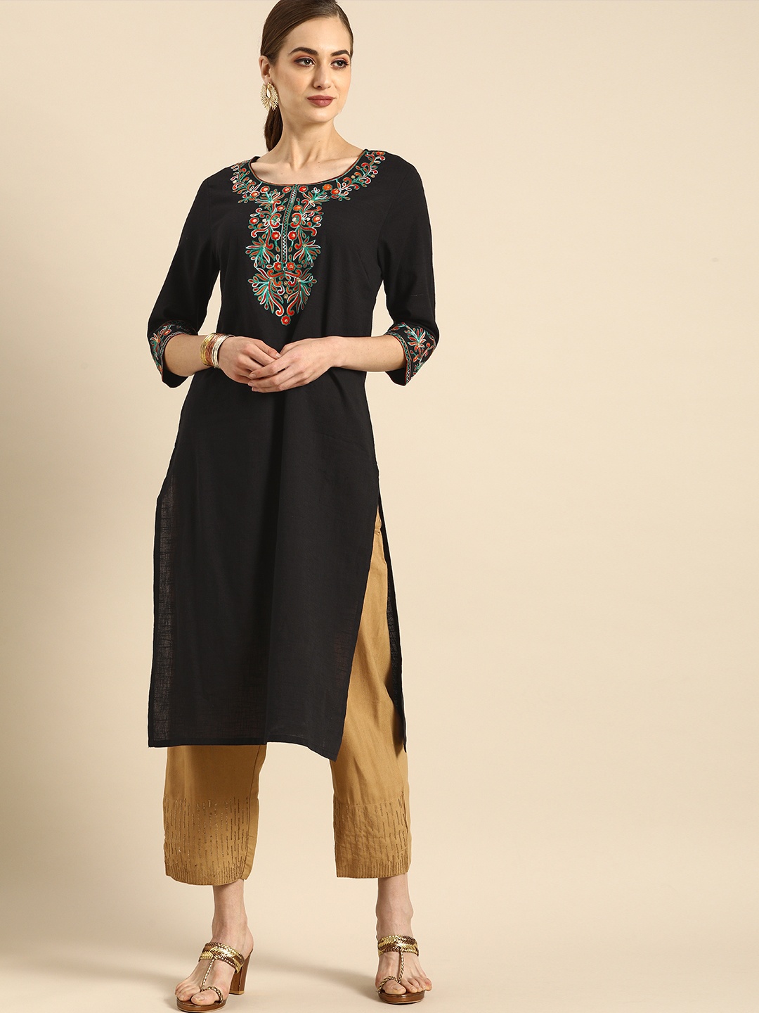 

Anouk Women Black Embroidered Pure Cotton Kurta