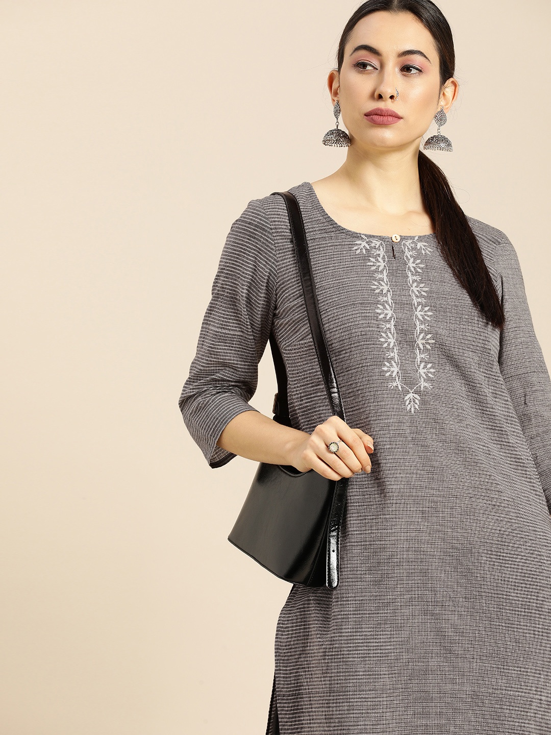 

Anouk Women Grey Striped Keyhole Neck Thread Work Kurta