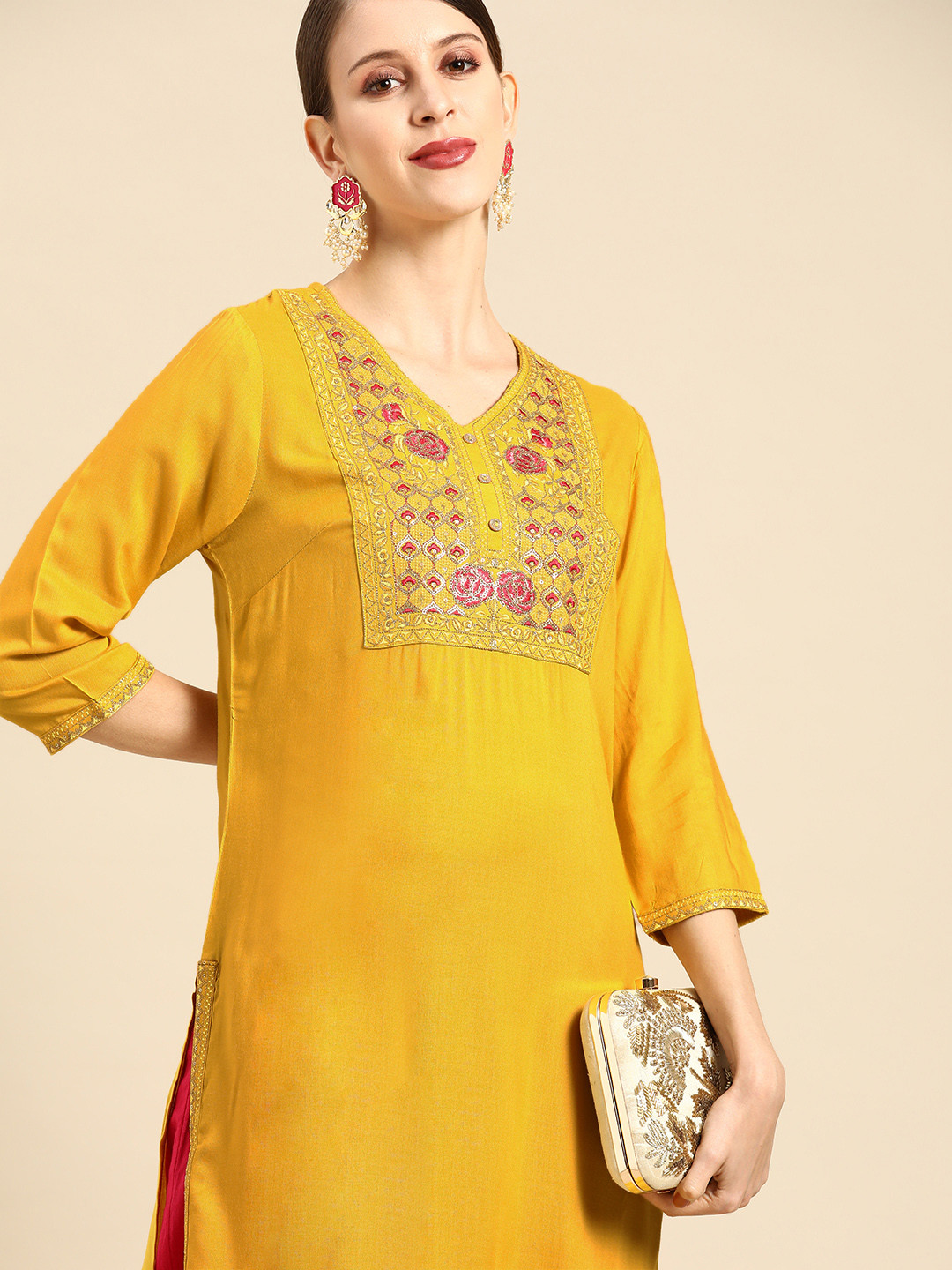 

Anouk Women Mustard Yellow & Pink Ethnic Motifs Mukaish Yoke Design Kurta