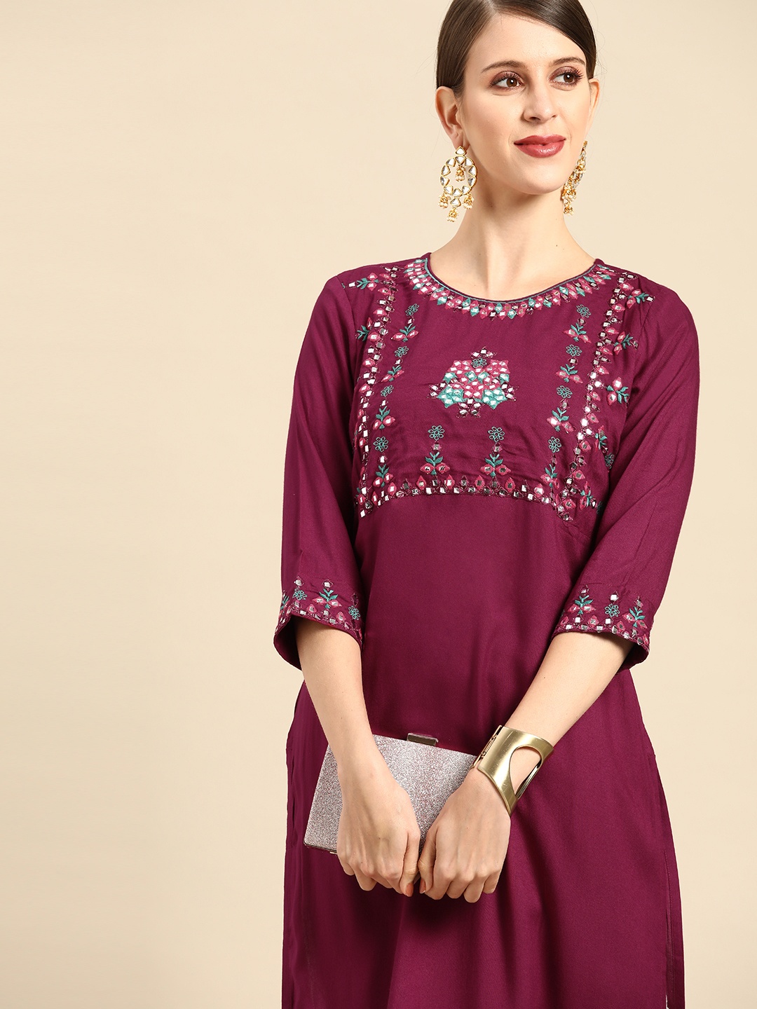 

Anouk Women Purple Ethnic Motifs Yoke Design Mirror Work Kurta
