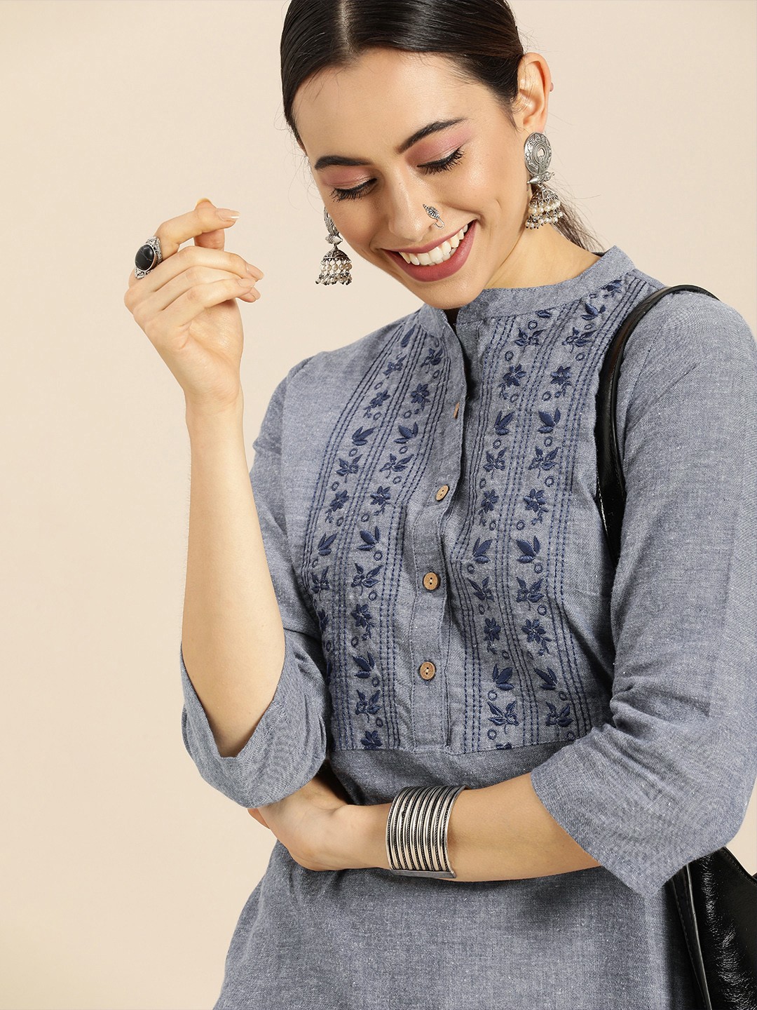 

Anouk Women Blue Floral Yoke Design Thread Work Kurta