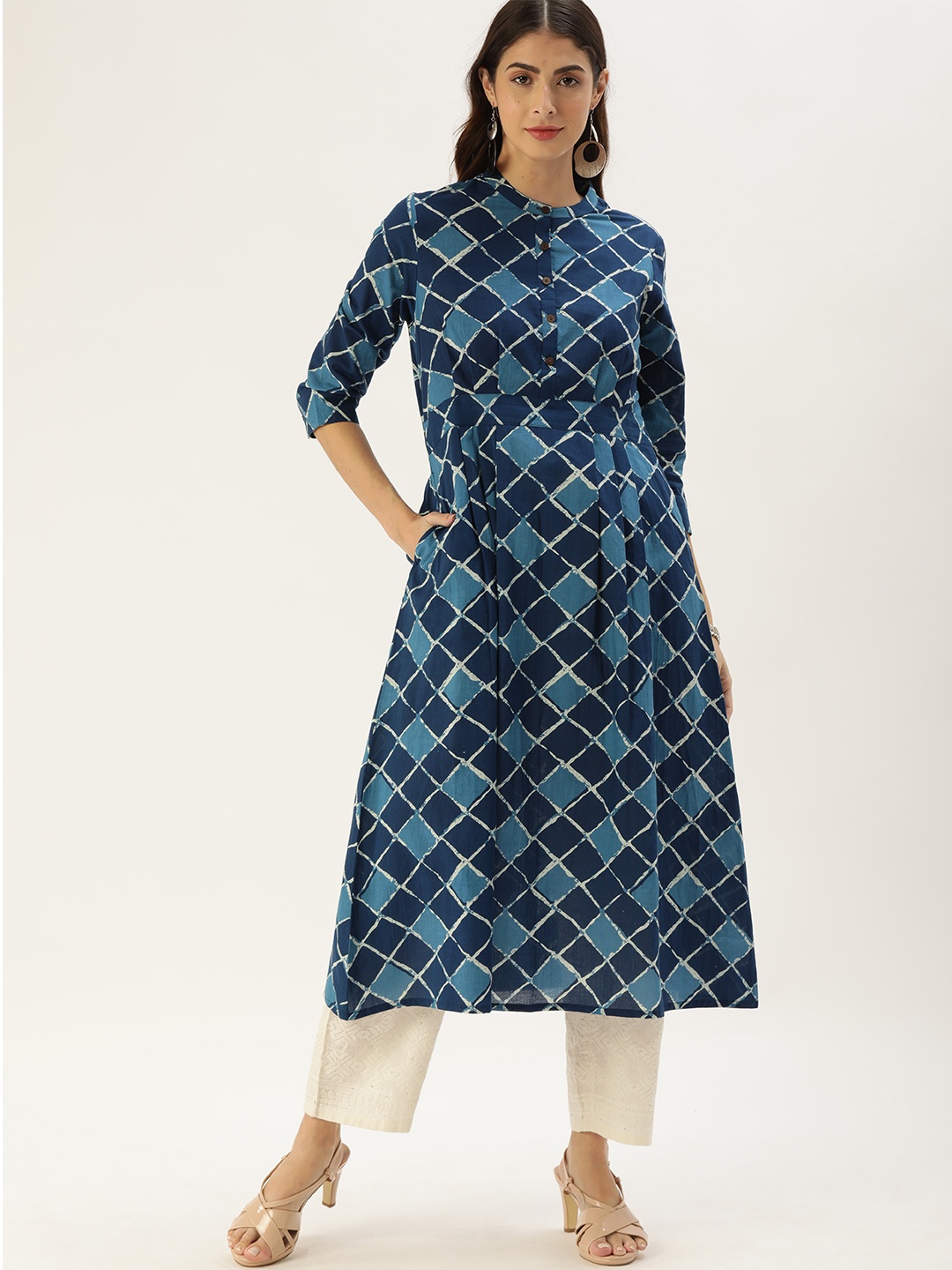 

Anouk Women Navy Blue & White Checked Indigo Pure Cotton A-Line Kurta