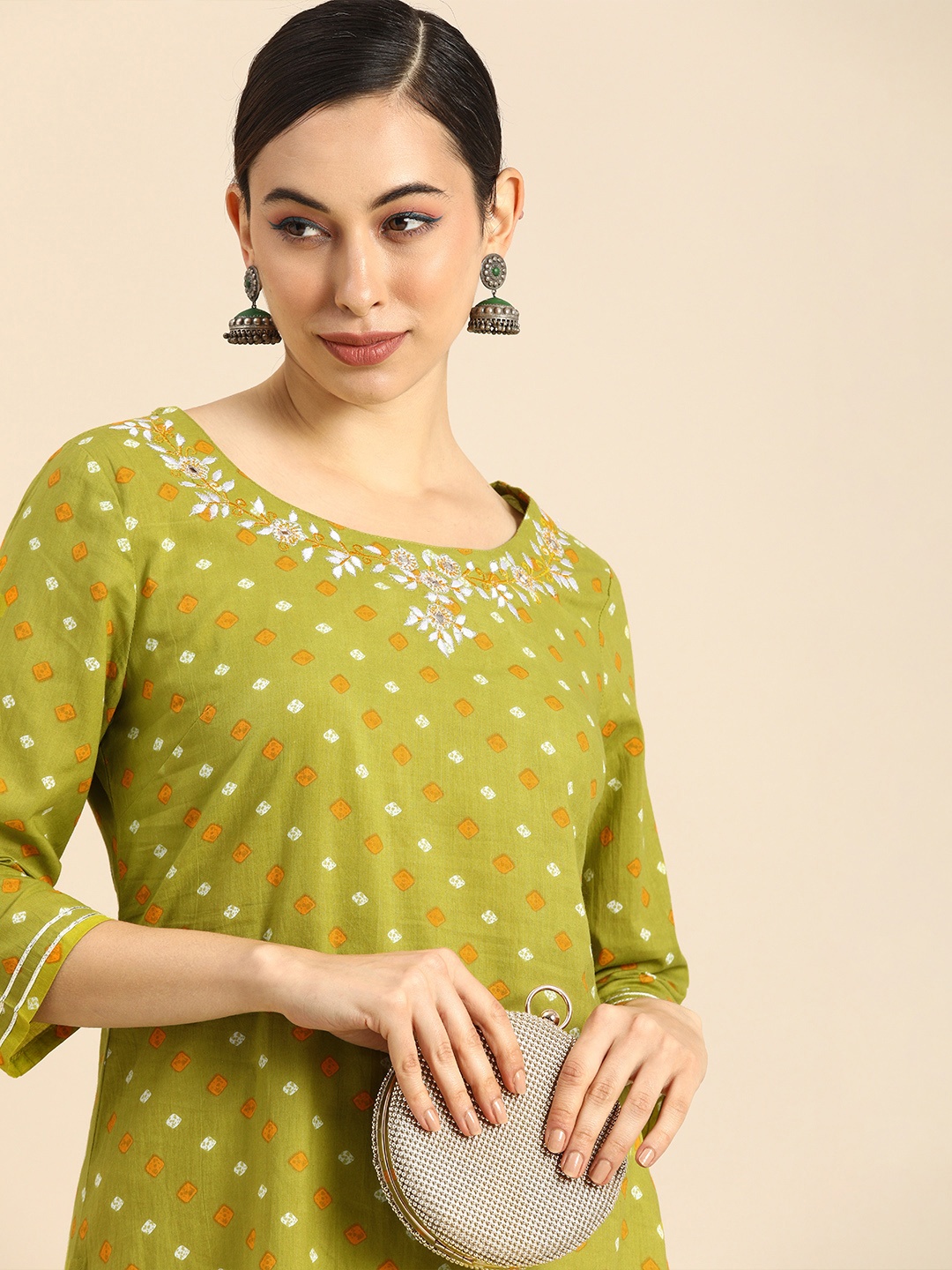 

Anouk Women Green Bandhani Printed Thread Work Kurta