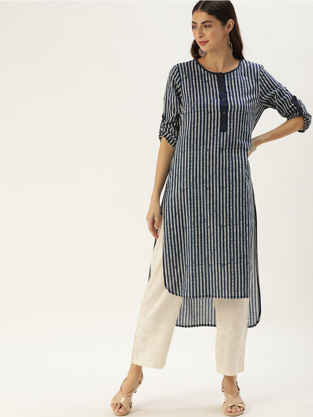 

Anouk Women Navy Blue & Beige Striped Indigo Pure Cotton High-Low Kurta