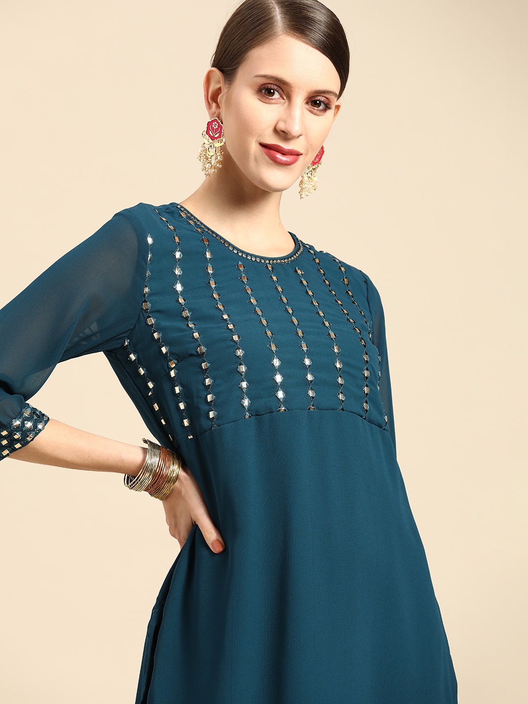 

Anouk Women Teal Blue Yoke Design Mirror Work Kurta