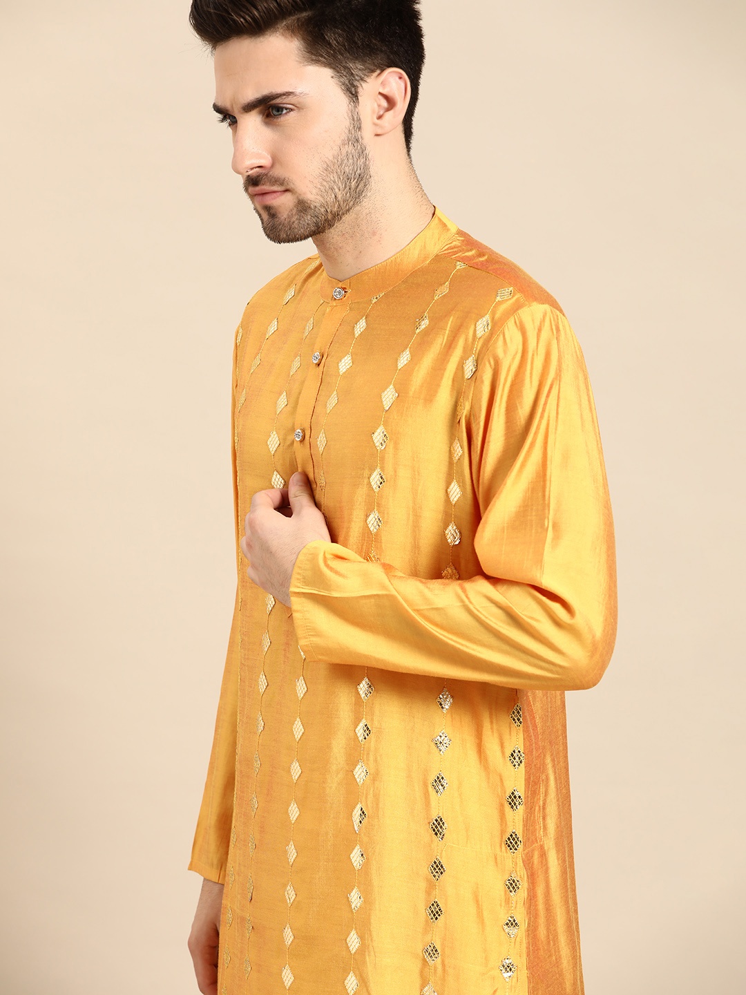 

Anouk Men Mustard Yellow & Golden Embellished Kurta