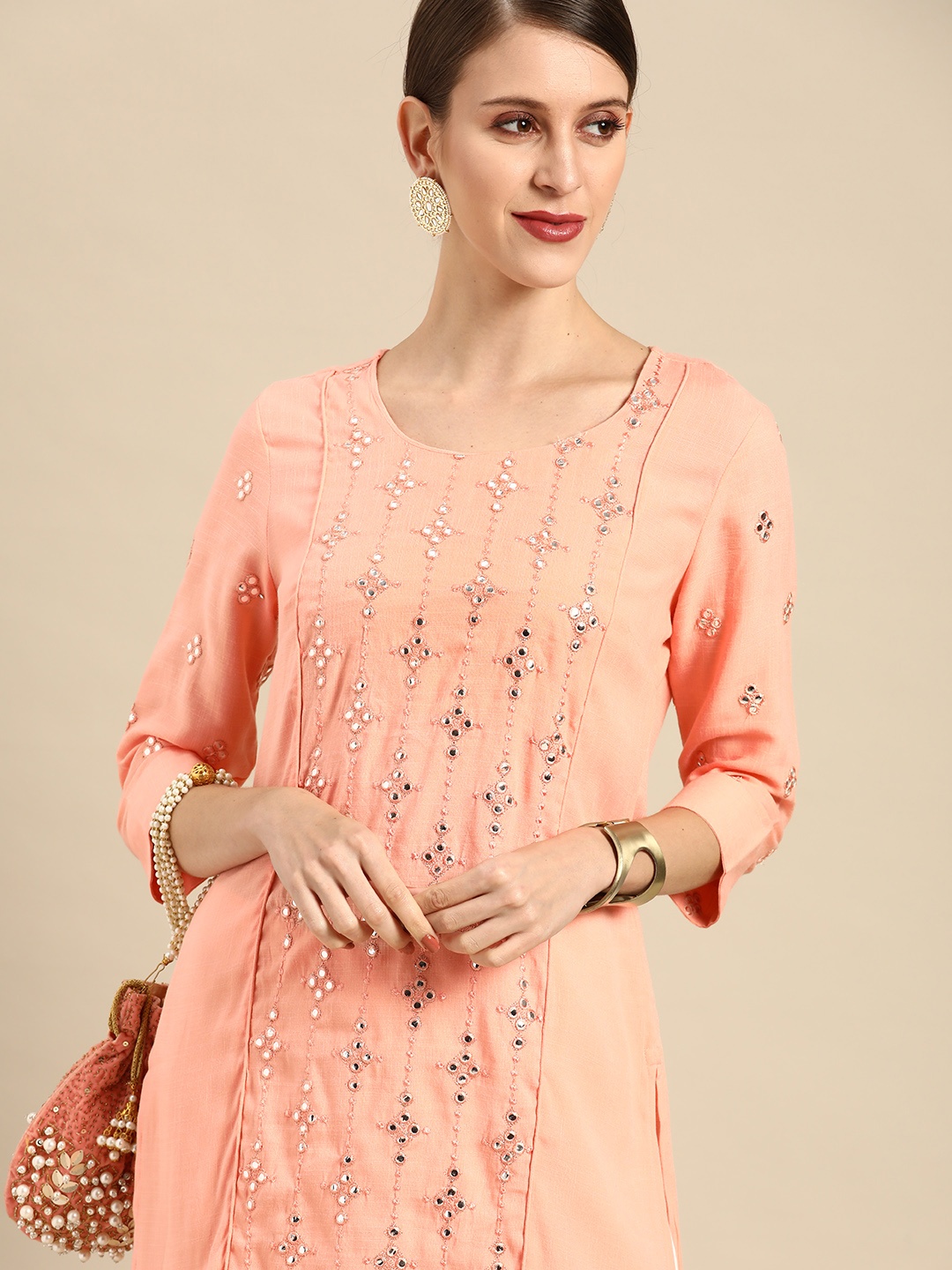 

Anouk Women Peach-Coloured Ethnic Motifs Embroidered Mirror Work Kurta