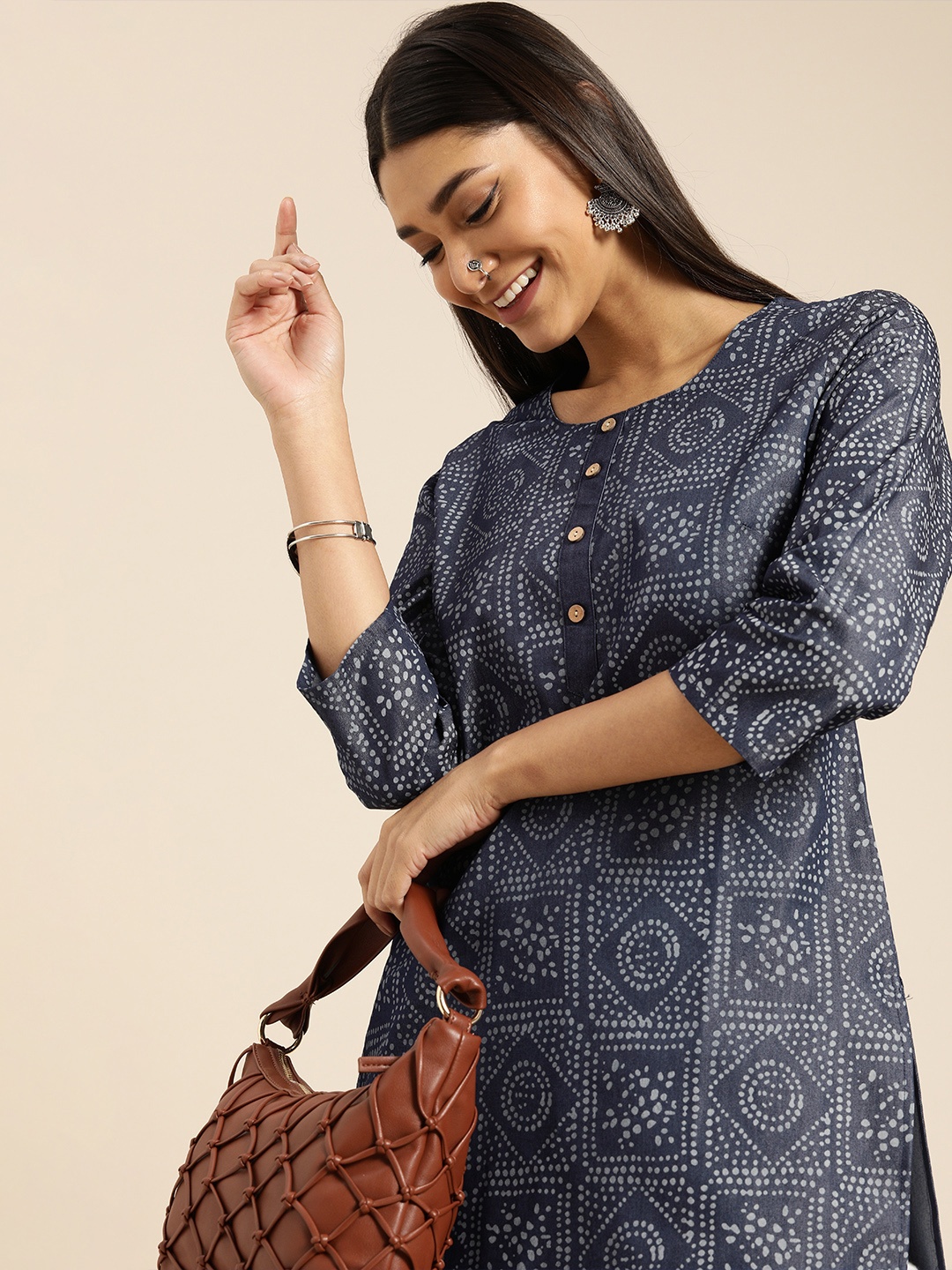 

Anouk Women Navy Blue Ethnic Motifs Printed Kurta