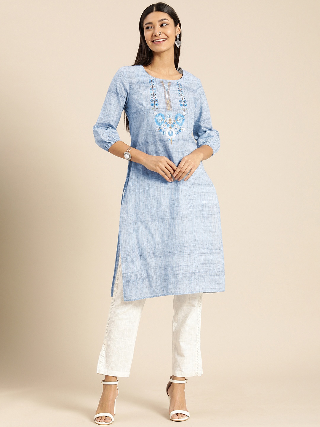 

Anouk Women Blue Ethnic Motifs Yoke Design Thread Work Kurta