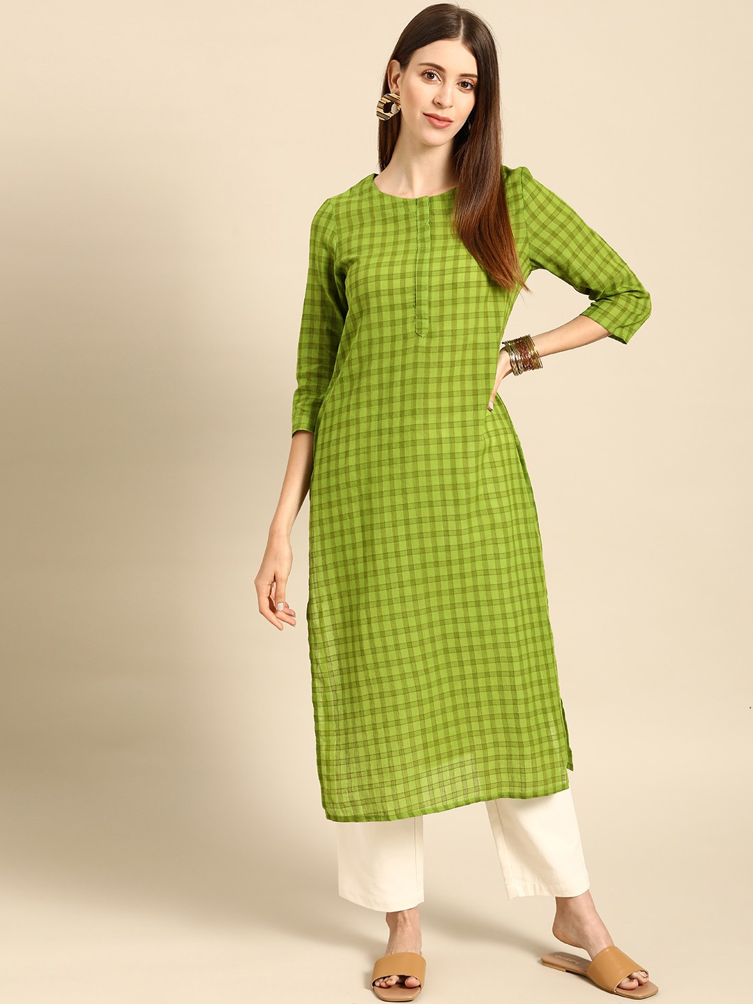 

Anouk Women Green Checked Cotton Kurta