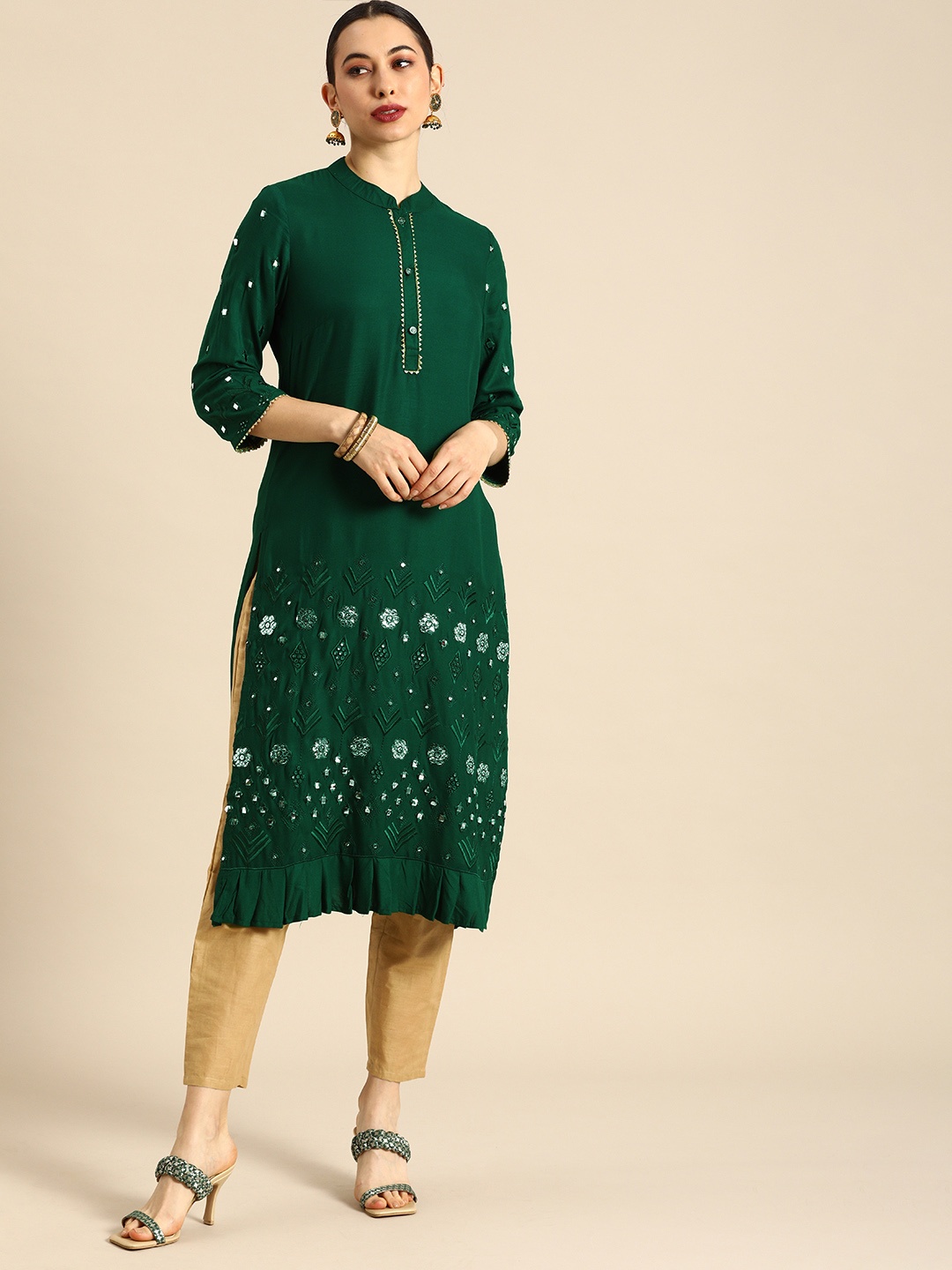 

Anouk Women Green Floral Embroidered Mirror Work Floral Kurta