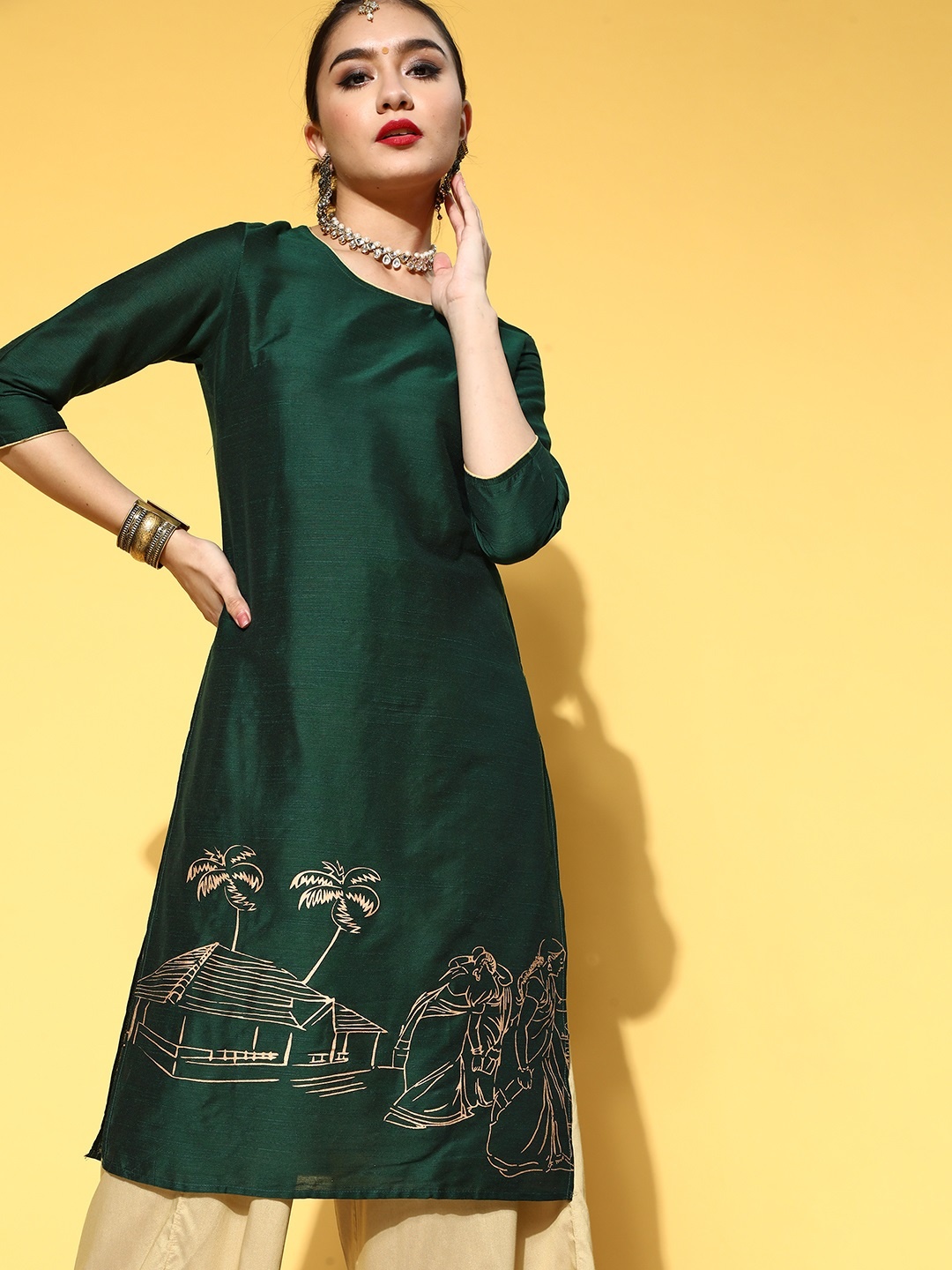 

Anouk Women Green & Golden Quirky Printed Straight Festive Kurta