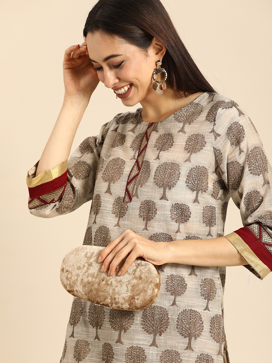 

Anouk Women Beige & Brown Ethnic Motifs Printed Block Print Kurta