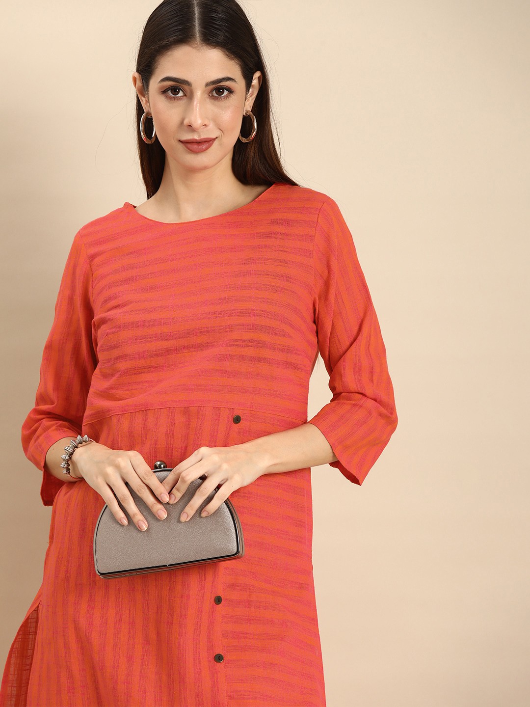 

Anouk Women Pink & Orange Striped Kurta