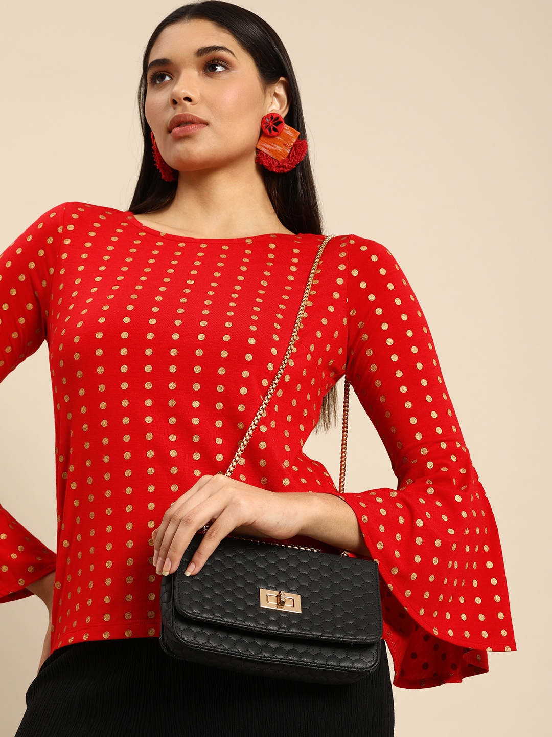 

Anouk Red Foil Polka Dot Printed Bell Sleeves Knitted Regular Top
