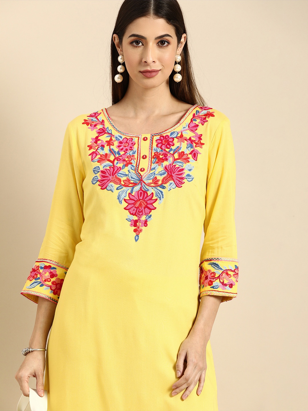 

Anouk Women Yellow Ethnic Motifs Yoke Design Thread Work Kurta