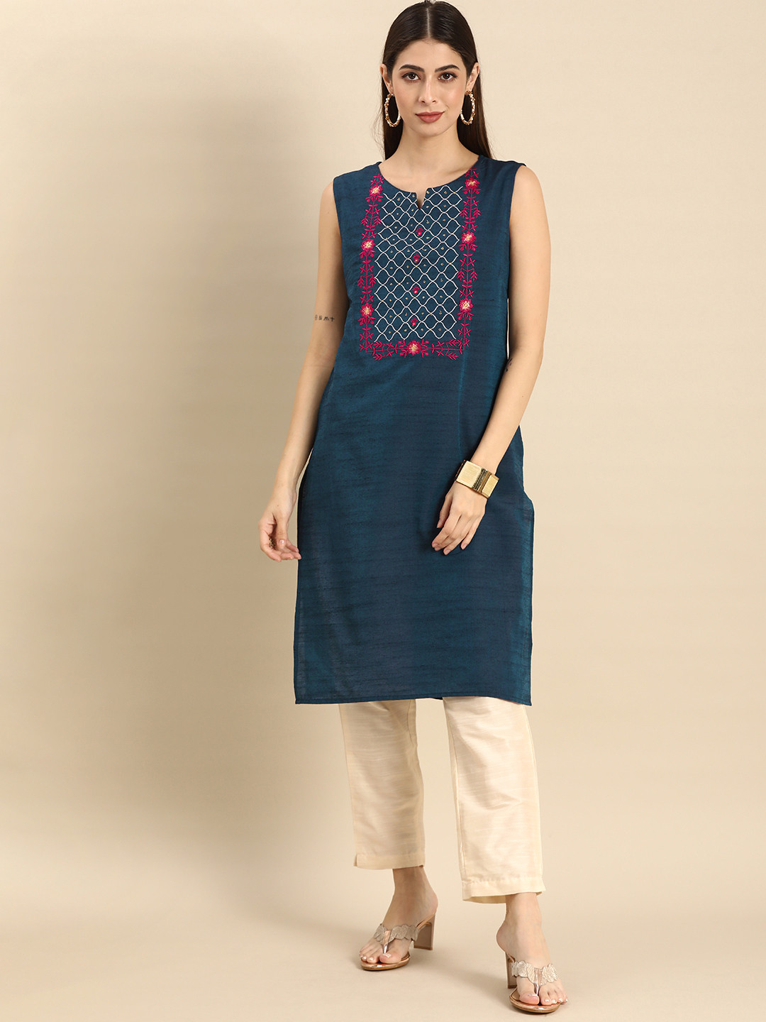 

Anouk Women Blue & White Embroidered Kurta