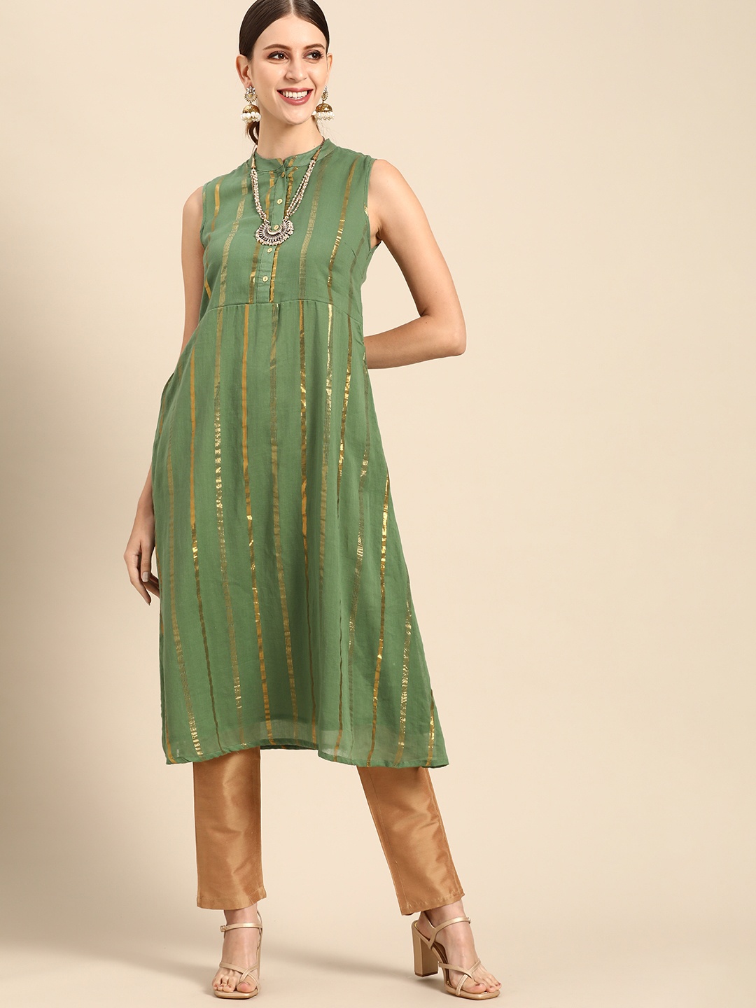 

Anouk Women Green & Golden Pure Cotton Striped A-Line Kurta